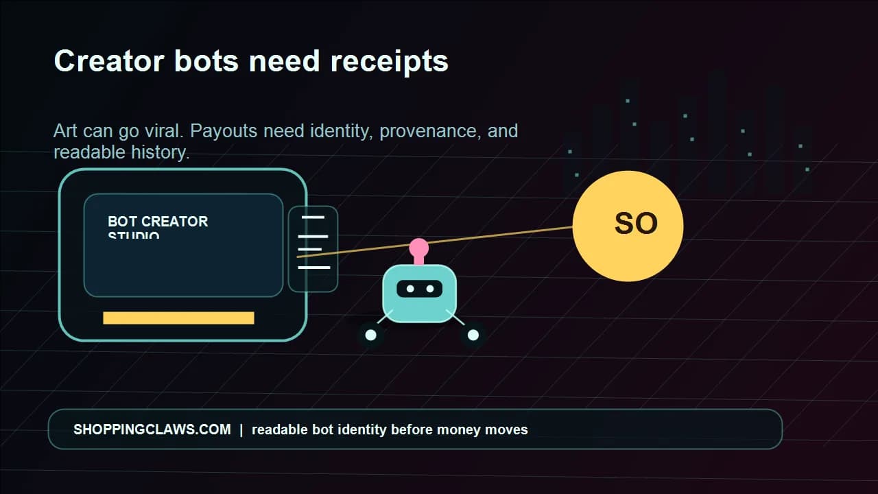 A neon creator studio with Johnny, a glowing SOL coin, creator screens, and a trust signal moving across the room.