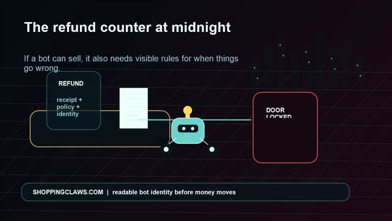 A dark refund counter with Johnny the bot, a red locked door, a receipt, and a glowing trust certificate path.