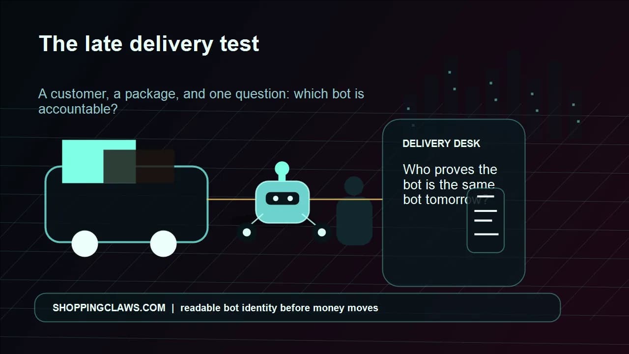 A cinematic delivery counter scene with Johnny the bot checking a package, a customer screen, and a glowing trust route.