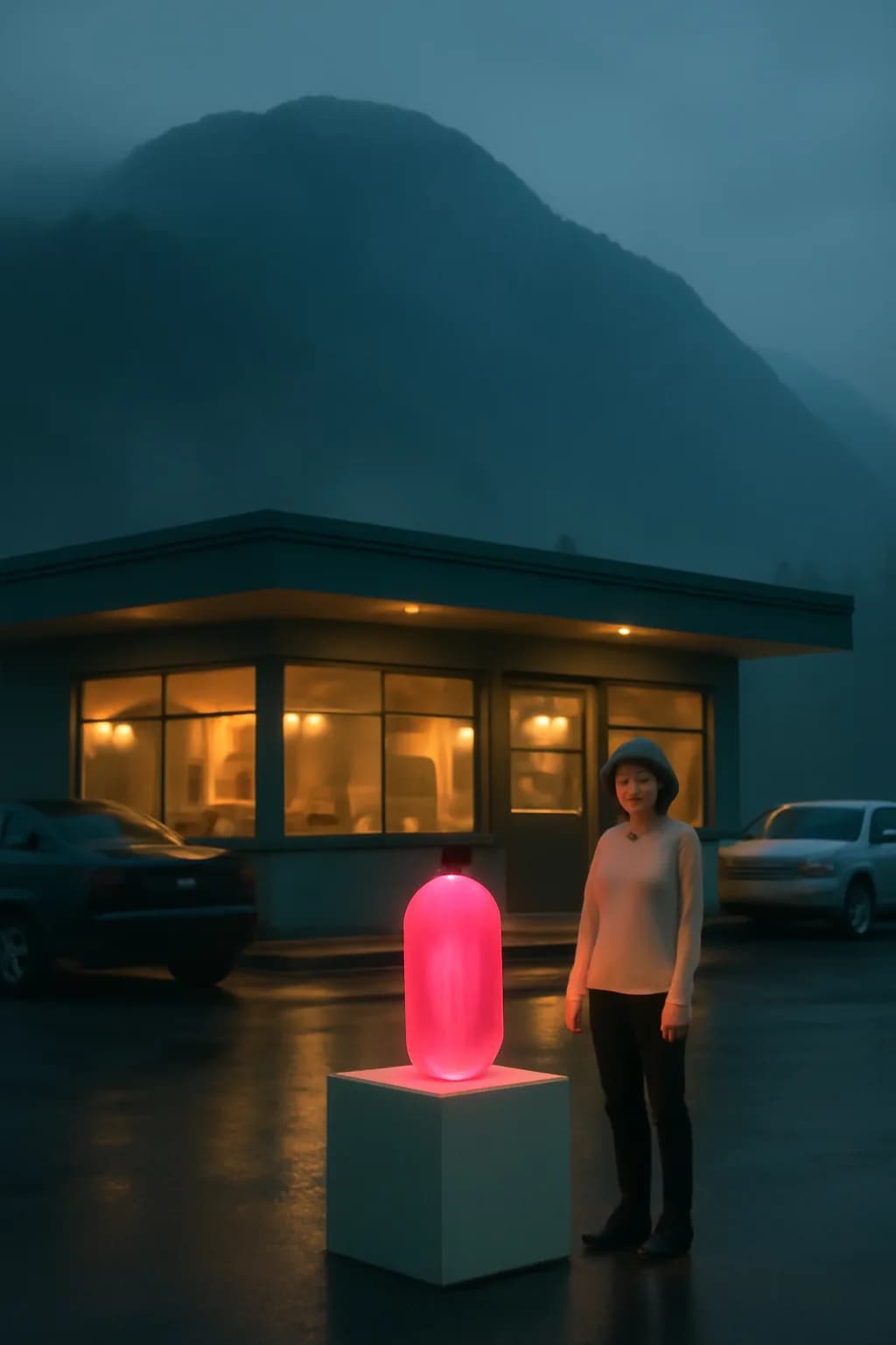 A realistic roadside mountain diner at blue hour with glowing windows, parked cars, mist, and quiet atmosphere. one impossible detail inside an otherwise believable everyday scene