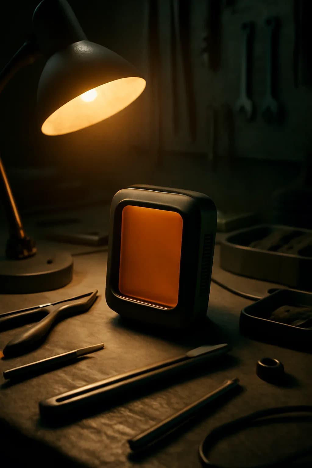 A realistic roadside mountain diner at blue hour with glowing windows, parked cars, mist, and quiet atmosphere. tight workspace scene with tools or components forming a visual rhythm