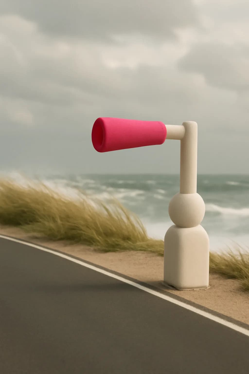 A realistic coastal road with sea spray, wind-shaped grass, dramatic sky, and a clean cinematic composition. one impossible detail inside an otherwise believable everyday scene