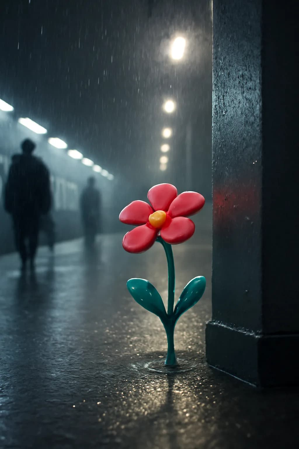A realistic underground metro platform with a vivid flower installation, moody lighting, and cinematic depth. a normal place interrupted by one precise weather event