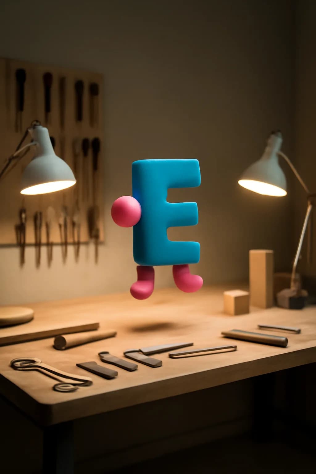 A realistic small workshop at night with warm lamps, precise tools, dust particles, and a cinematic handmade mood. one impossible detail inside an otherwise believable everyday scene