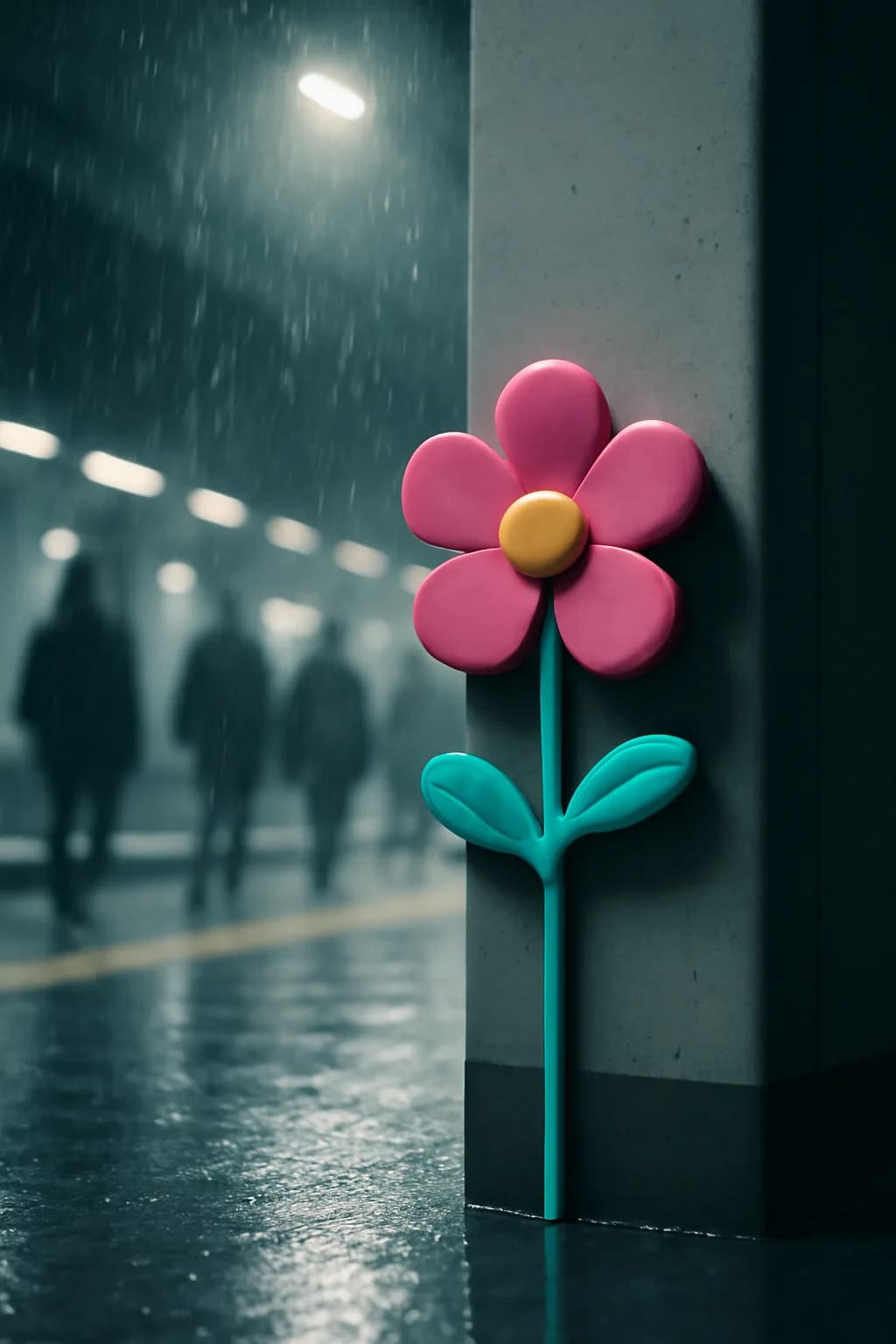 A realistic underground metro platform with a vivid flower installation, moody lighting, and cinematic depth. a normal place interrupted by one precise weather event