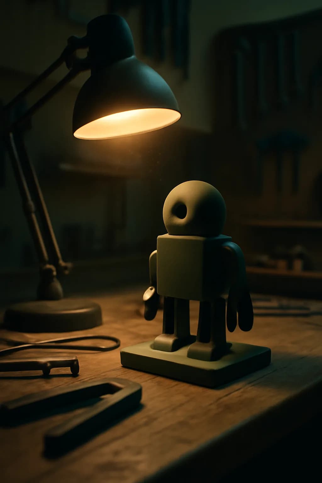 A realistic small workshop at night with warm lamps, precise tools, dust particles, and a cinematic handmade mood. tight workspace scene with tools or components forming a visual rhythm