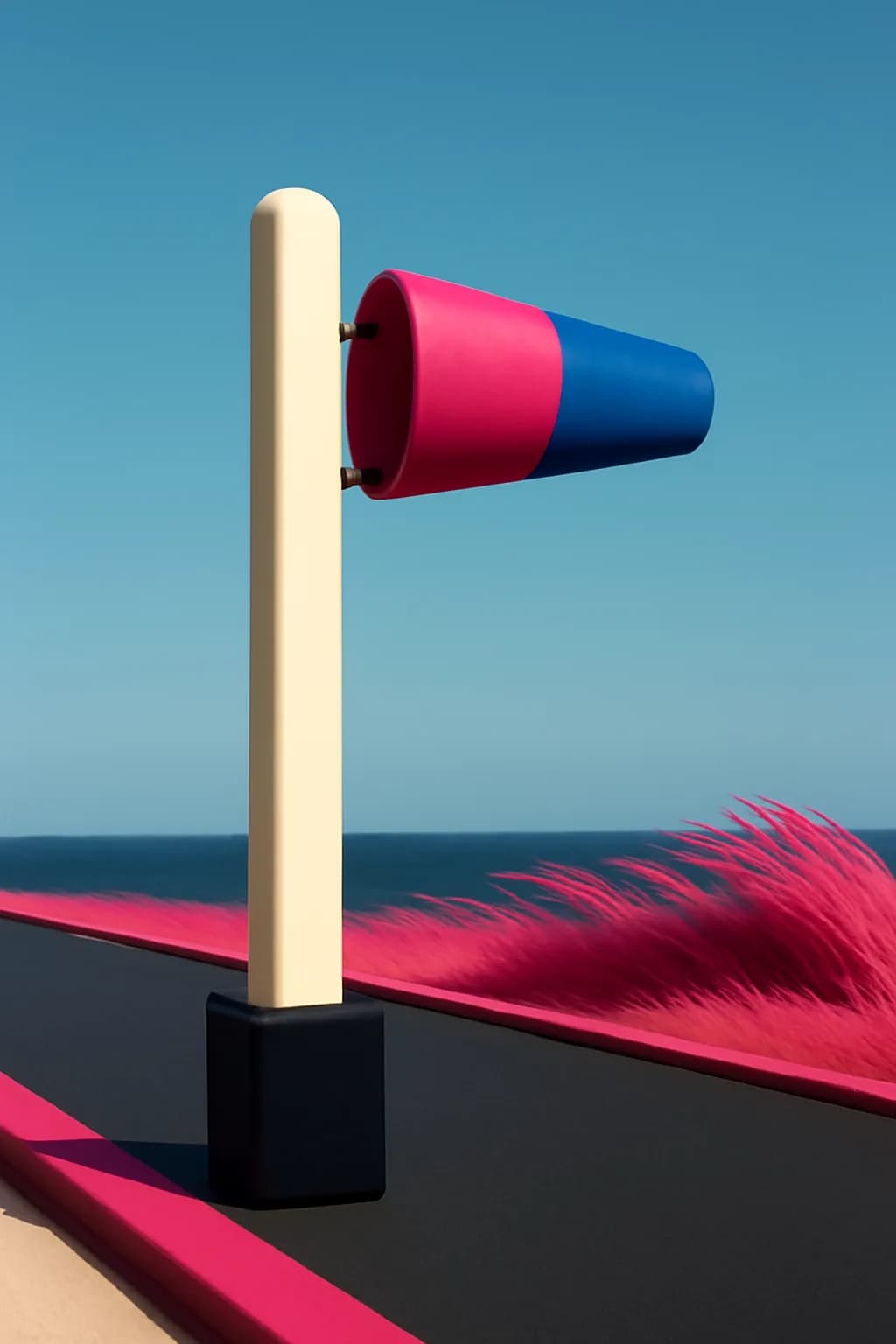 A realistic coastal road with sea spray, wind-shaped grass, dramatic sky, and a clean cinematic composition. bold blocks of color arranged as a readable feed-first scene