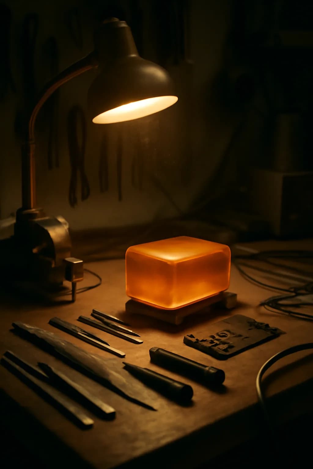 A realistic small workshop at night with warm lamps, precise tools, dust particles, and a cinematic handmade mood. tight workspace scene with tools or components forming a visual rhythm
