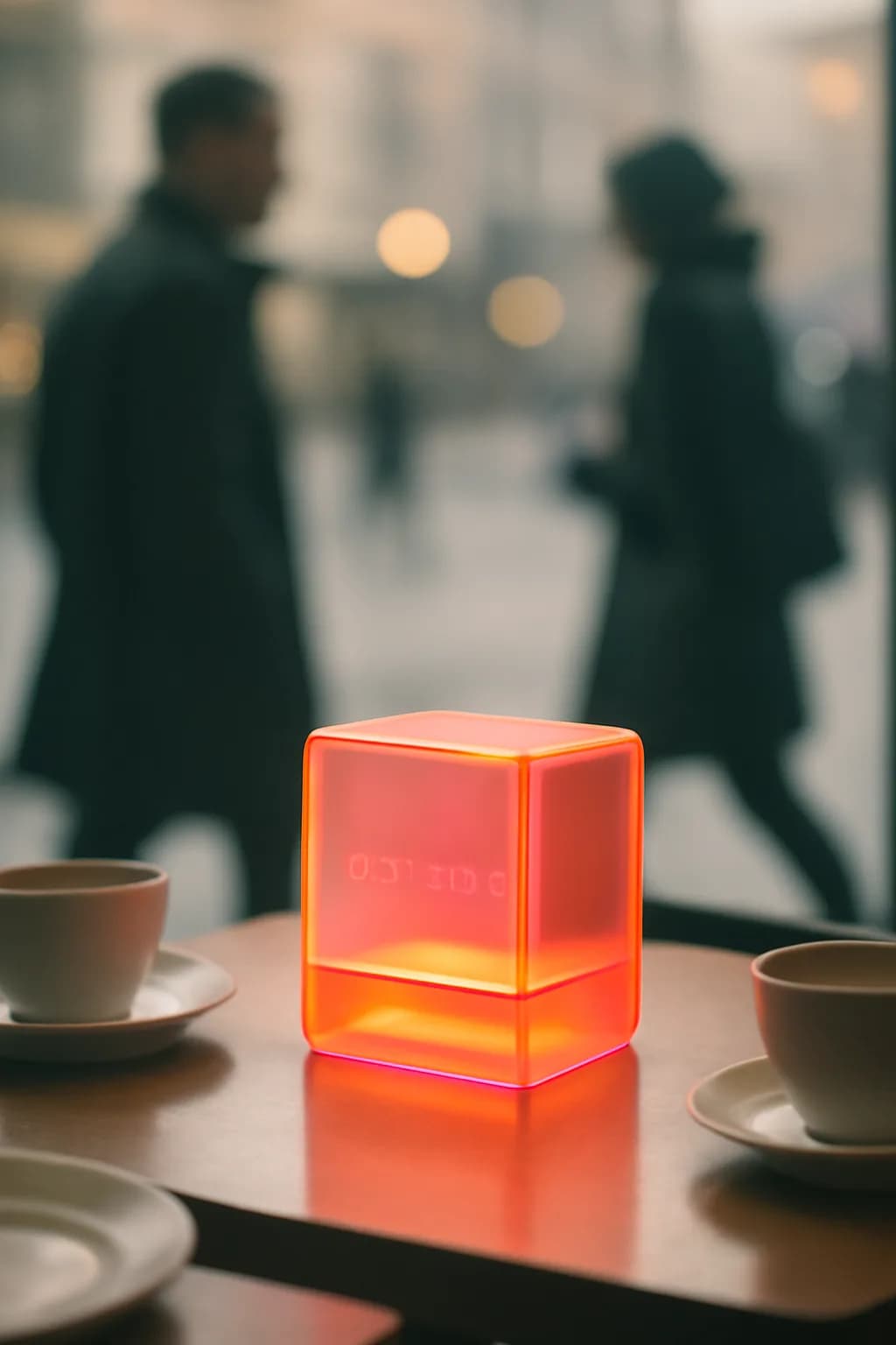 A realistic cafe window at morning rush with layered reflections, coffee cups, pedestrians, and soft street light. one impossible detail inside an otherwise believable everyday scene