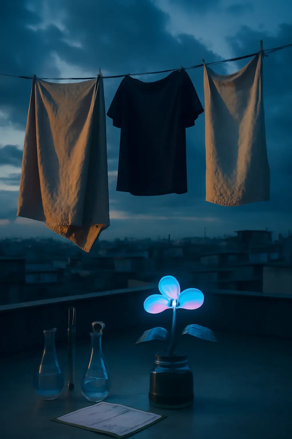 A realistic rooftop laundry line above a dense city, with dramatic clouds, soft wind, and glowing late afternoon light. one impossible detail inside an otherwise believable everyday scene