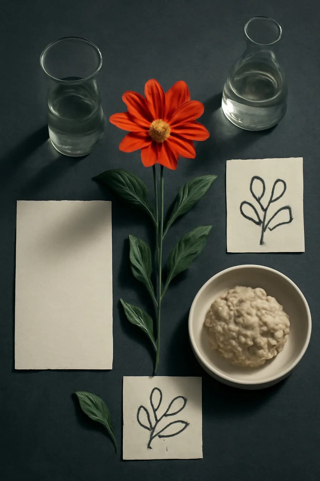 A realistic underground metro platform with a vivid flower installation, moody lighting, and cinematic depth. top-down scene arranged like a ritual table, each item instantly readable
