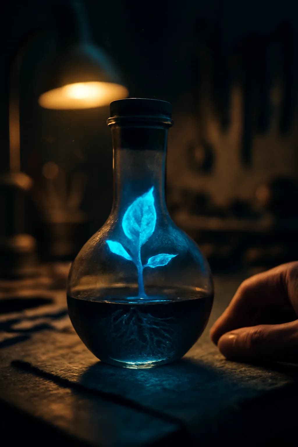 A realistic small workshop at night with warm lamps, precise tools, dust particles, and a cinematic handmade mood. one memorable object dominates the frame with a clear silhouette and generous negative space