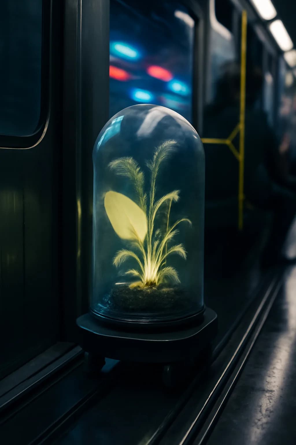 A photorealistic rainy night street market with neon reflections, wet pavement, and a cinematic city glow. a fast transit-adjacent glimpse with strong leading lines