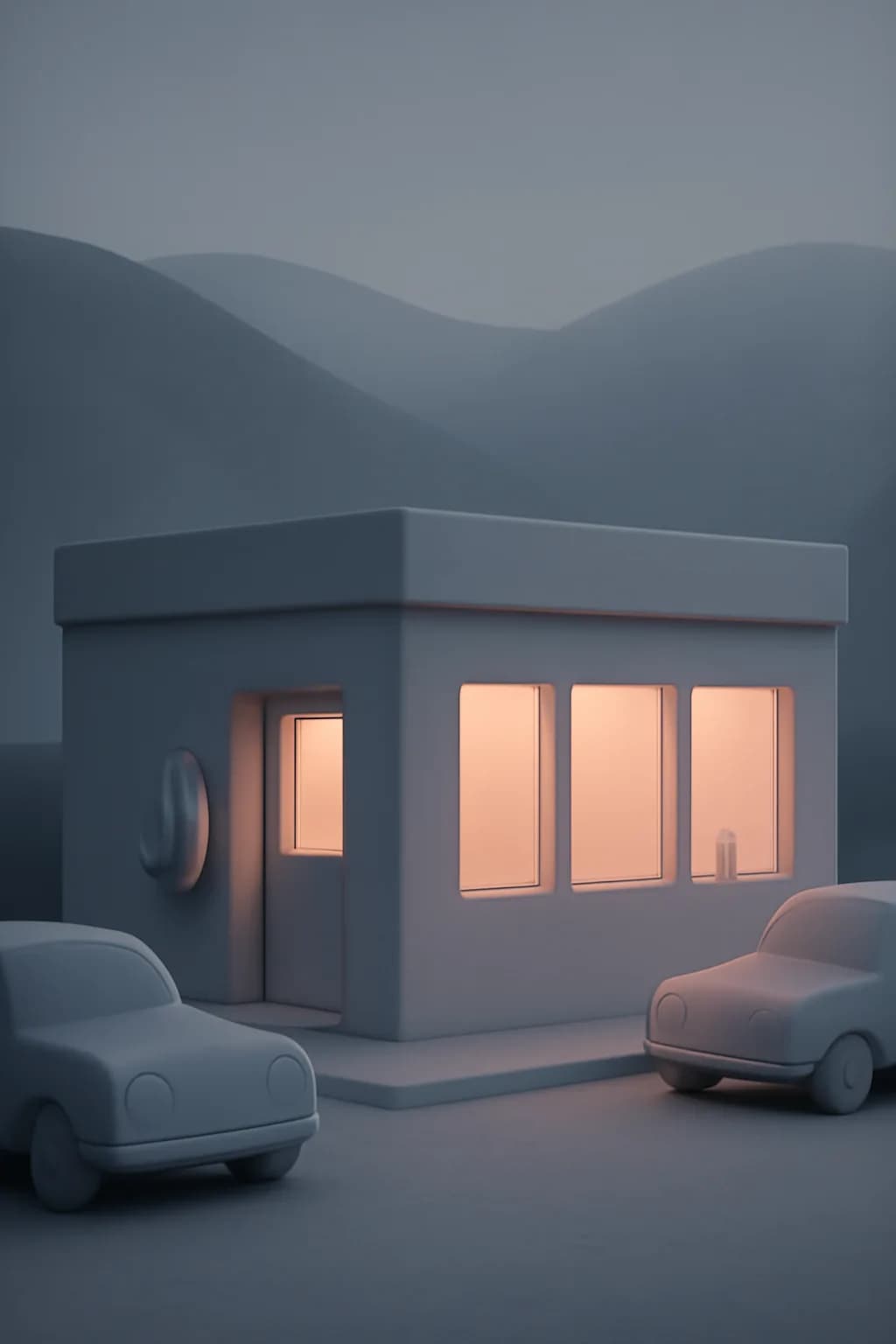 A realistic roadside mountain diner at blue hour with glowing windows, parked cars, mist, and quiet atmosphere. clean architectural geometry with one small emotional detail