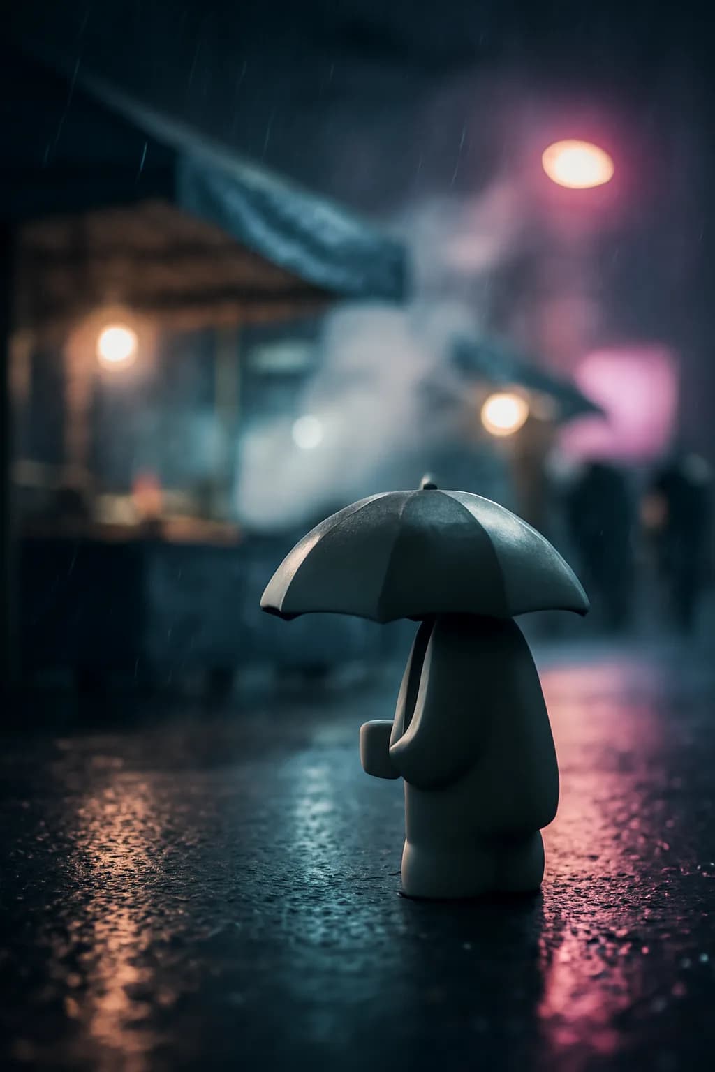 A photorealistic rainy night street market with neon reflections, wet pavement, and a cinematic city glow. a normal place interrupted by one precise weather event