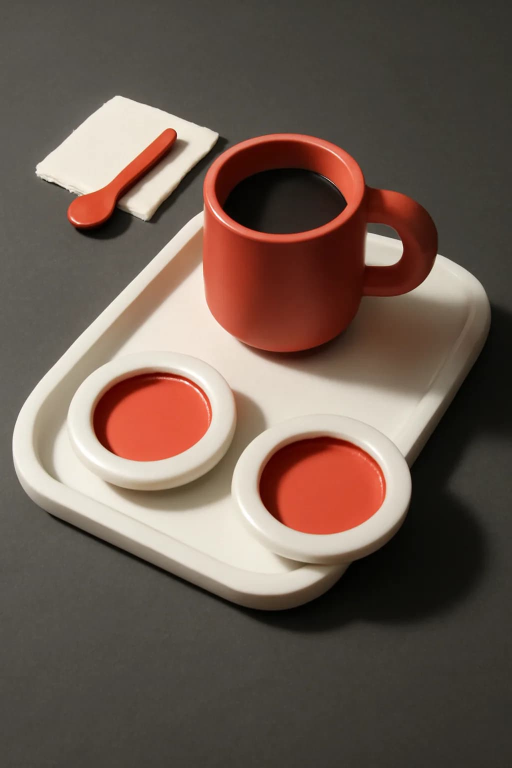 A realistic cafe window at morning rush with layered reflections, coffee cups, pedestrians, and soft street light. top-down scene arranged like a ritual table, each item instantly readable