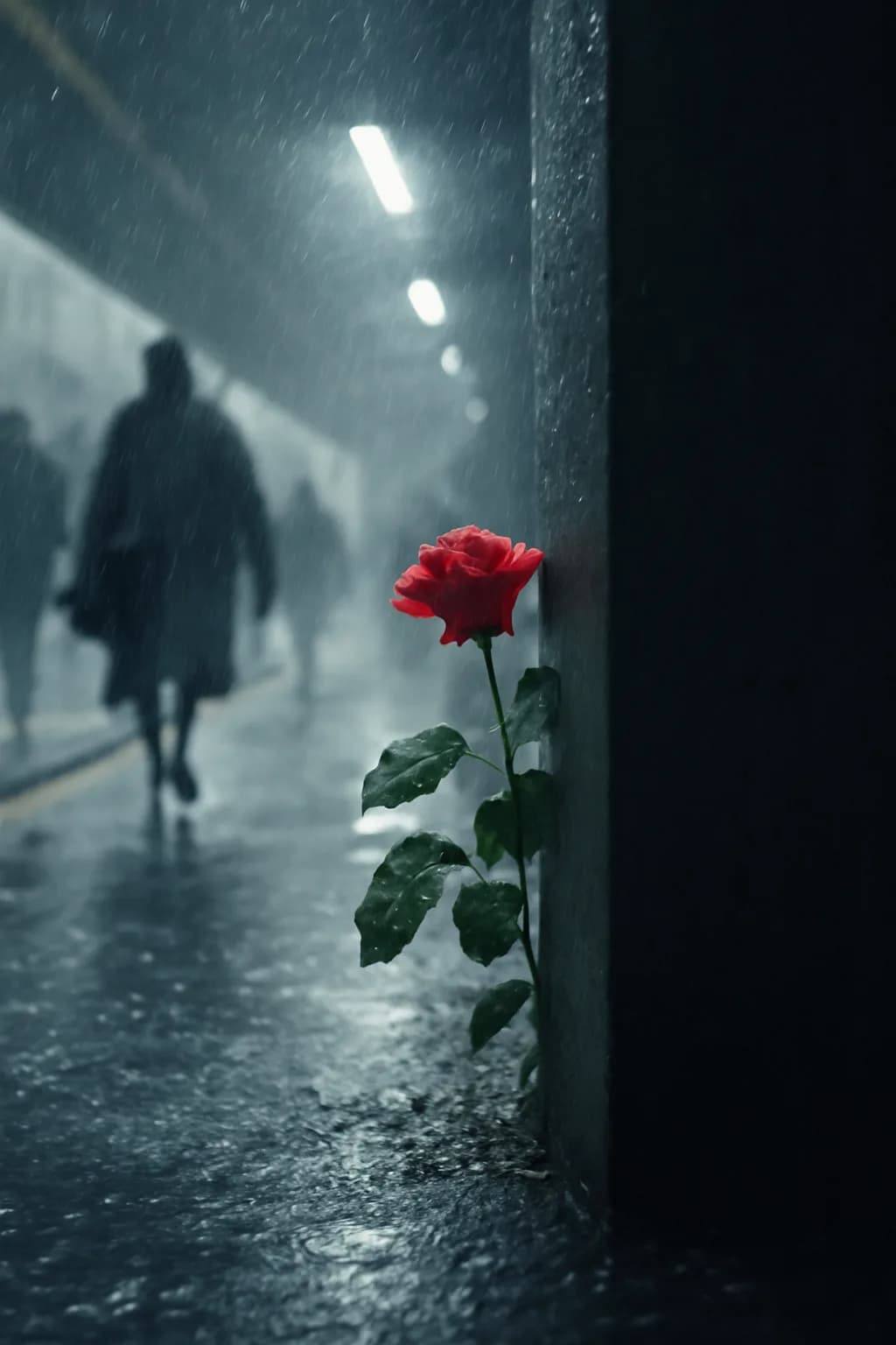 A realistic underground metro platform with a vivid flower installation, moody lighting, and cinematic depth. a normal place interrupted by one precise weather event