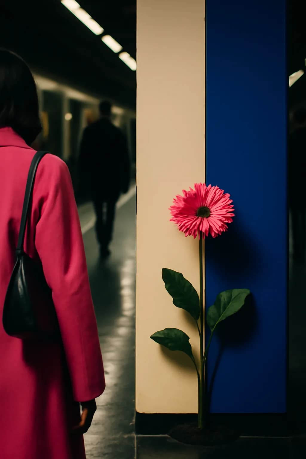 A realistic underground metro platform with a vivid flower installation, moody lighting, and cinematic depth. bold blocks of color arranged as a readable feed-first scene