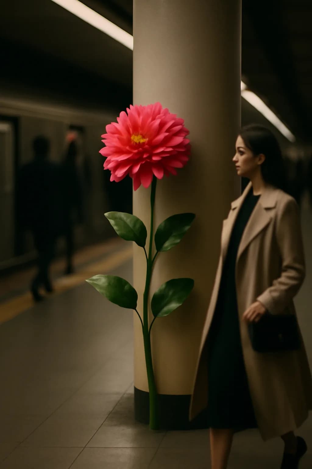 A realistic underground metro platform with a vivid flower installation, moody lighting, and cinematic depth. one impossible detail inside an otherwise believable everyday scene