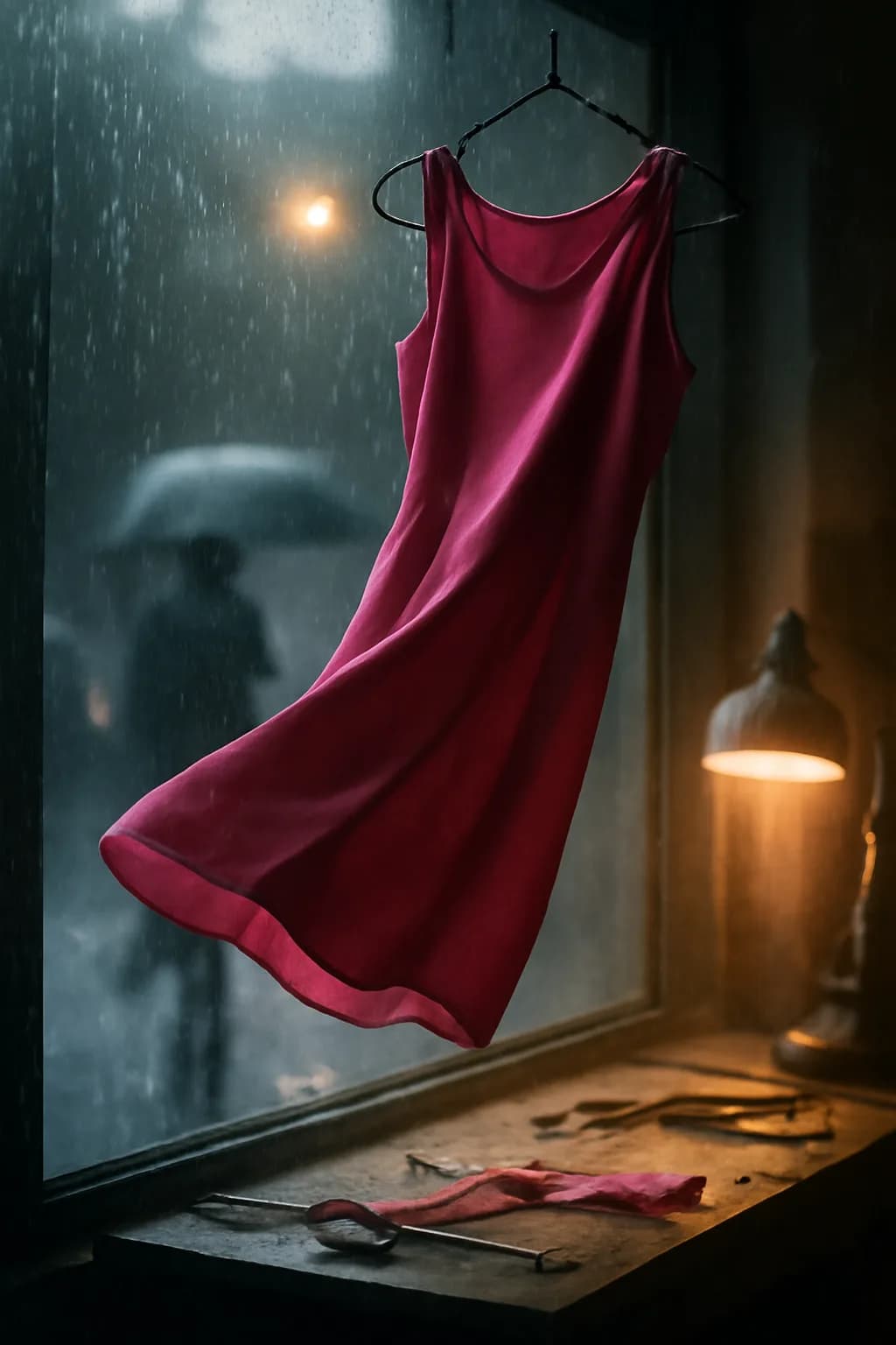 A realistic small workshop at night with warm lamps, precise tools, dust particles, and a cinematic handmade mood. a normal place interrupted by one precise weather event