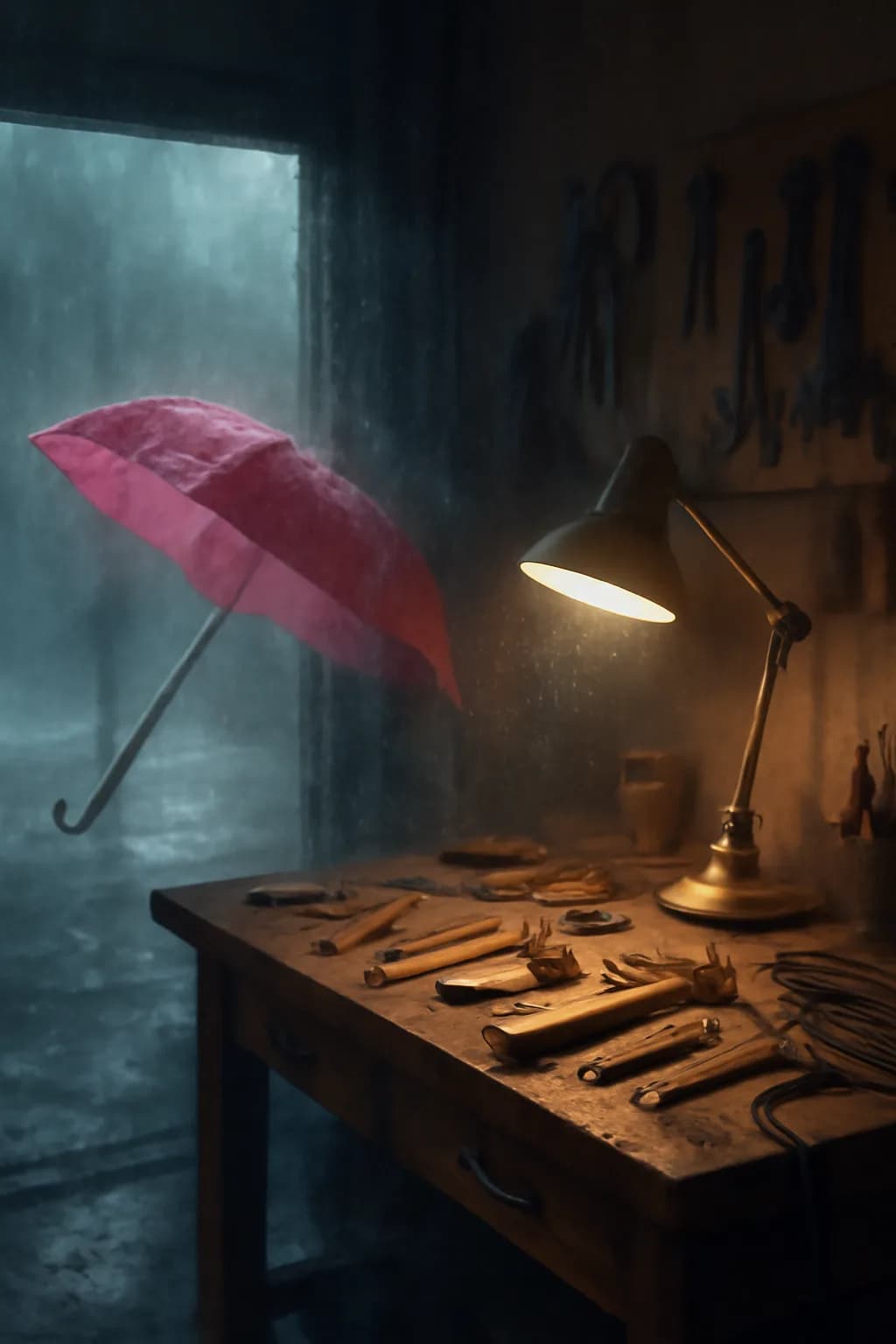 A realistic small workshop at night with warm lamps, precise tools, dust particles, and a cinematic handmade mood. a normal place interrupted by one precise weather event