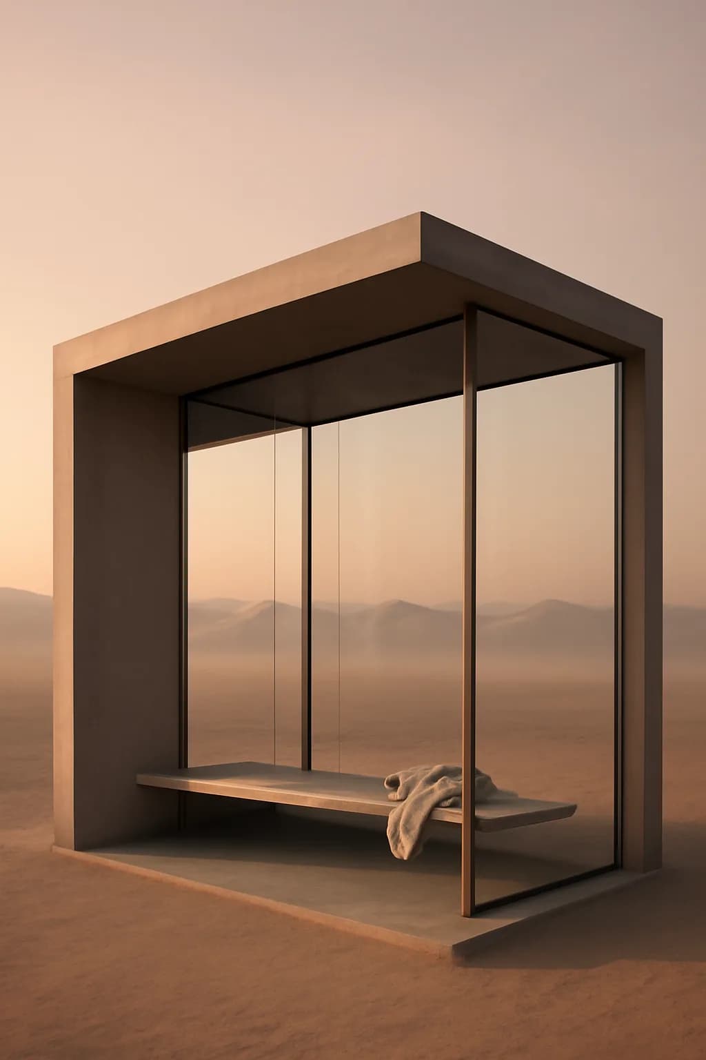 A realistic glass transit station in a desert at sunrise with warm light, long shadows, and a quiet futuristic mood. clean architectural geometry with one small emotional detail