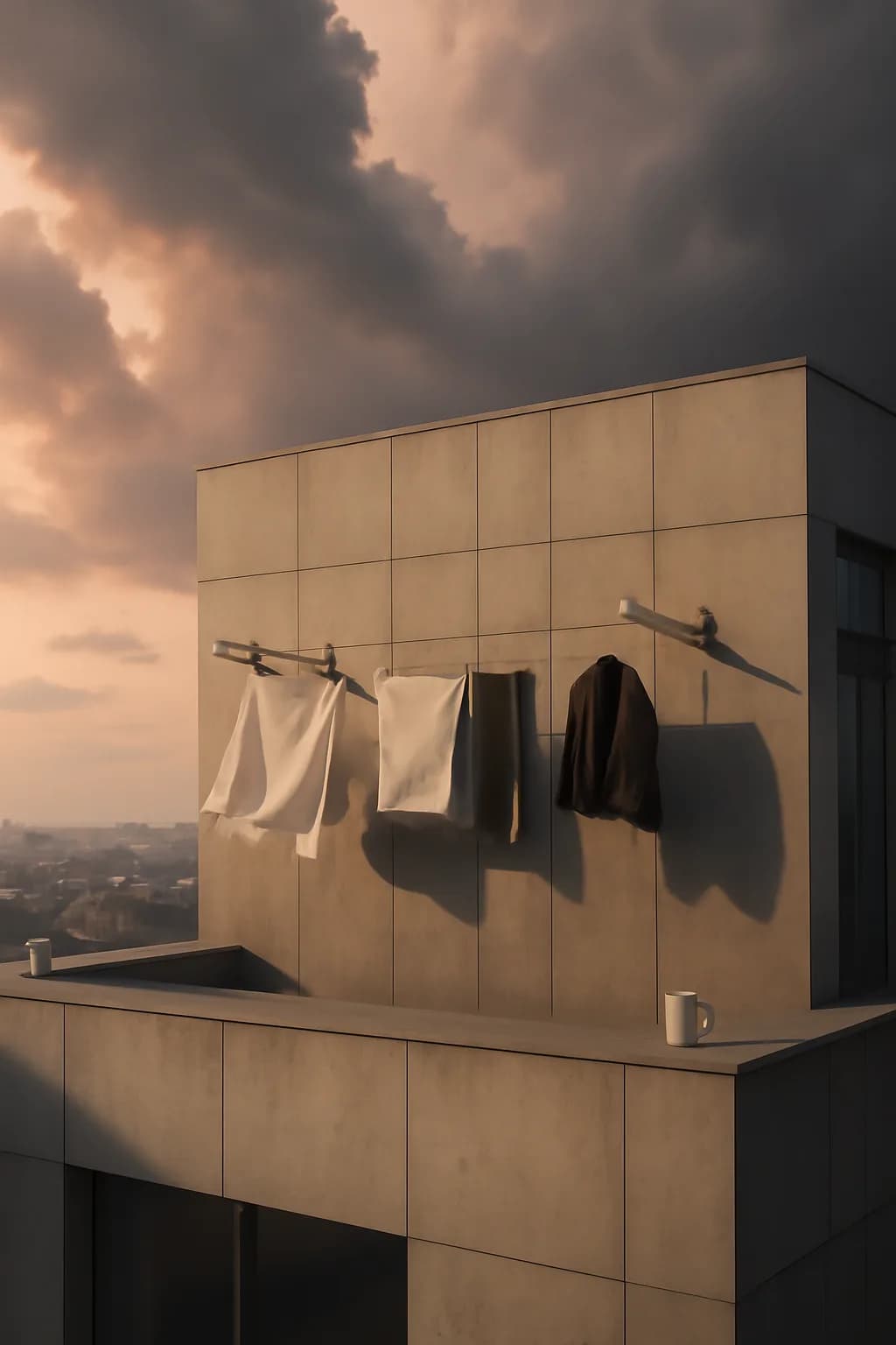 A realistic rooftop laundry line above a dense city, with dramatic clouds, soft wind, and glowing late afternoon light. clean architectural geometry with one small emotional detail