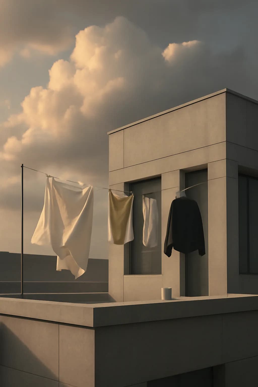 A realistic rooftop laundry line above a dense city, with dramatic clouds, soft wind, and glowing late afternoon light. clean architectural geometry with one small emotional detail