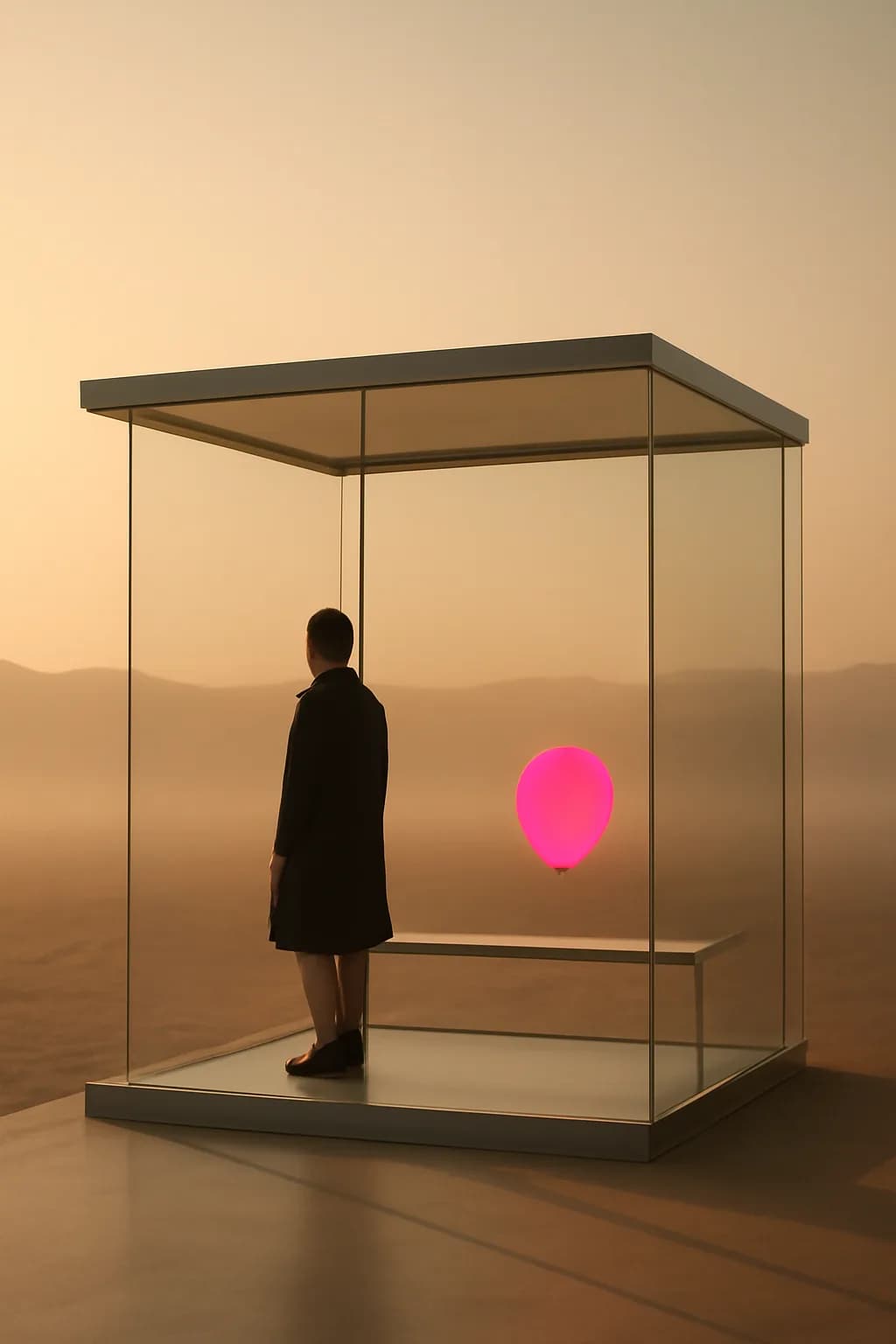 A realistic glass transit station in a desert at sunrise with warm light, long shadows, and a quiet futuristic mood. one impossible detail inside an otherwise believable everyday scene