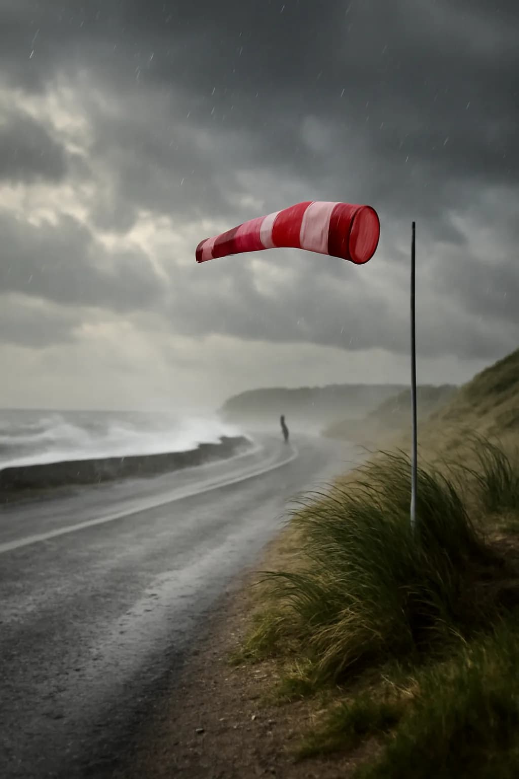 A realistic coastal road with sea spray, wind-shaped grass, dramatic sky, and a clean cinematic composition. a normal place interrupted by one precise weather event