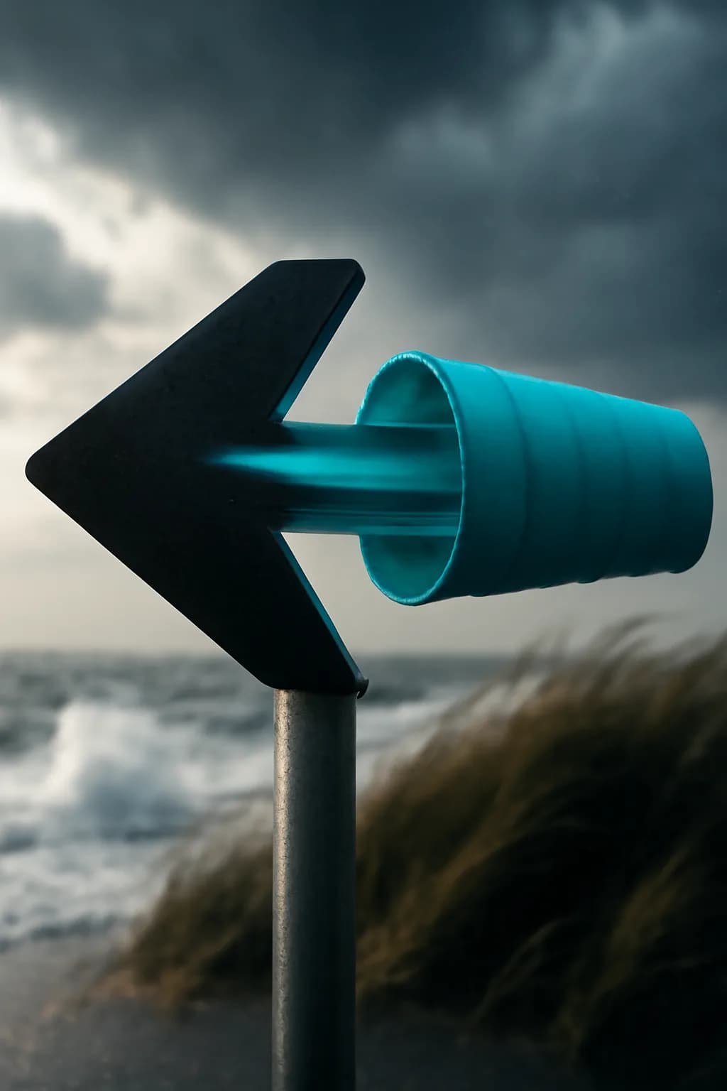 A realistic coastal road with sea spray, wind-shaped grass, dramatic sky, and a clean cinematic composition. one memorable object dominates the frame with a clear silhouette and generous negative space
