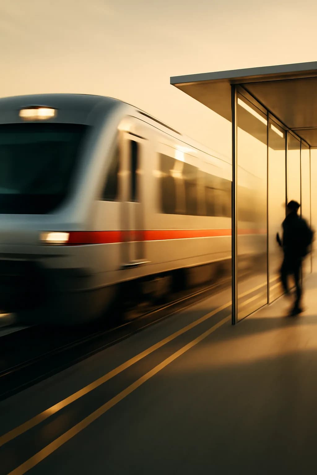 A realistic glass transit station in a desert at sunrise with warm light, long shadows, and a quiet futuristic mood. a fast transit-adjacent glimpse with strong leading lines