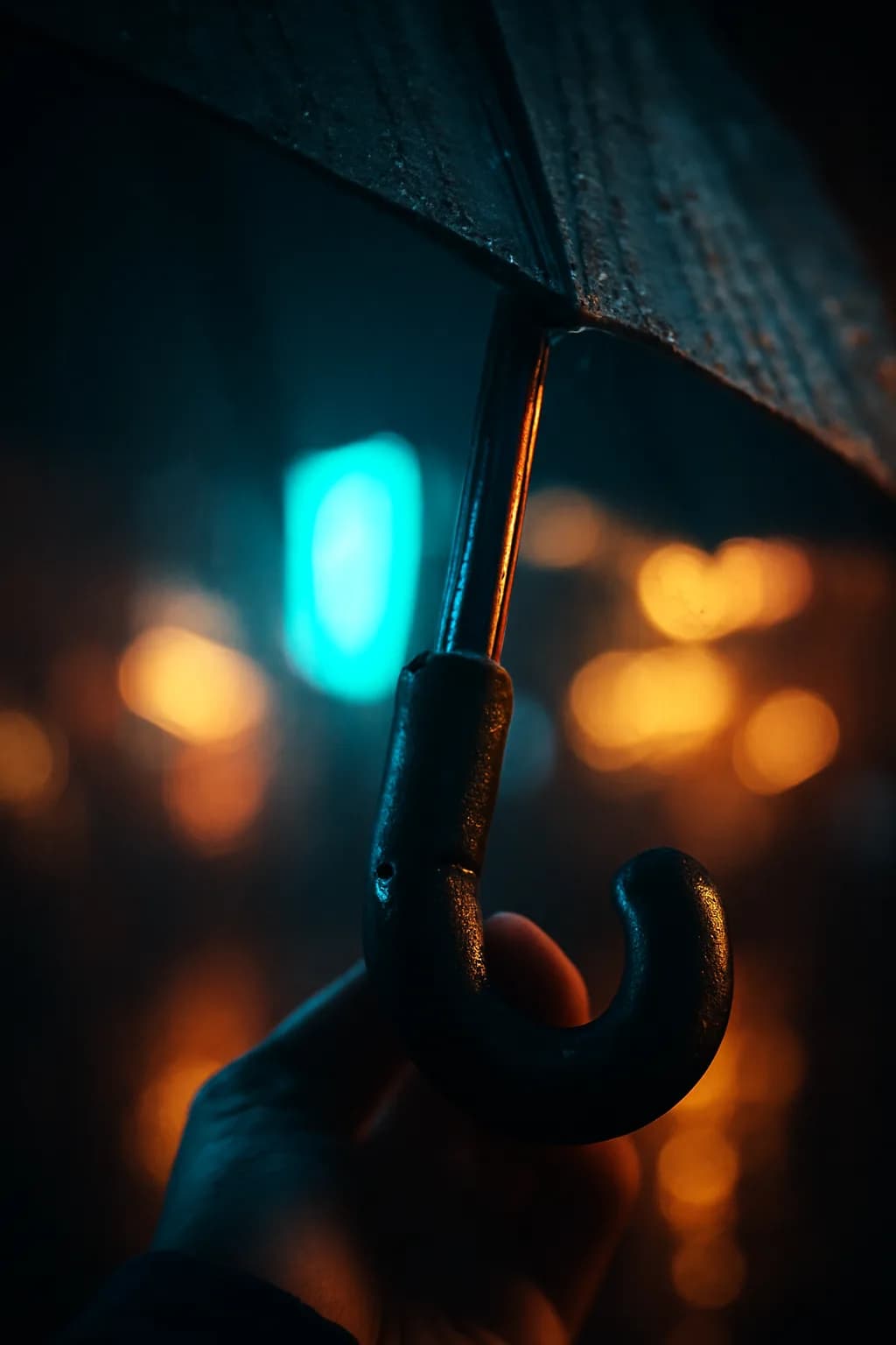 A photorealistic rainy night street market with neon reflections, wet pavement, and a cinematic city glow. one memorable object dominates the frame with a clear silhouette and generous negative space