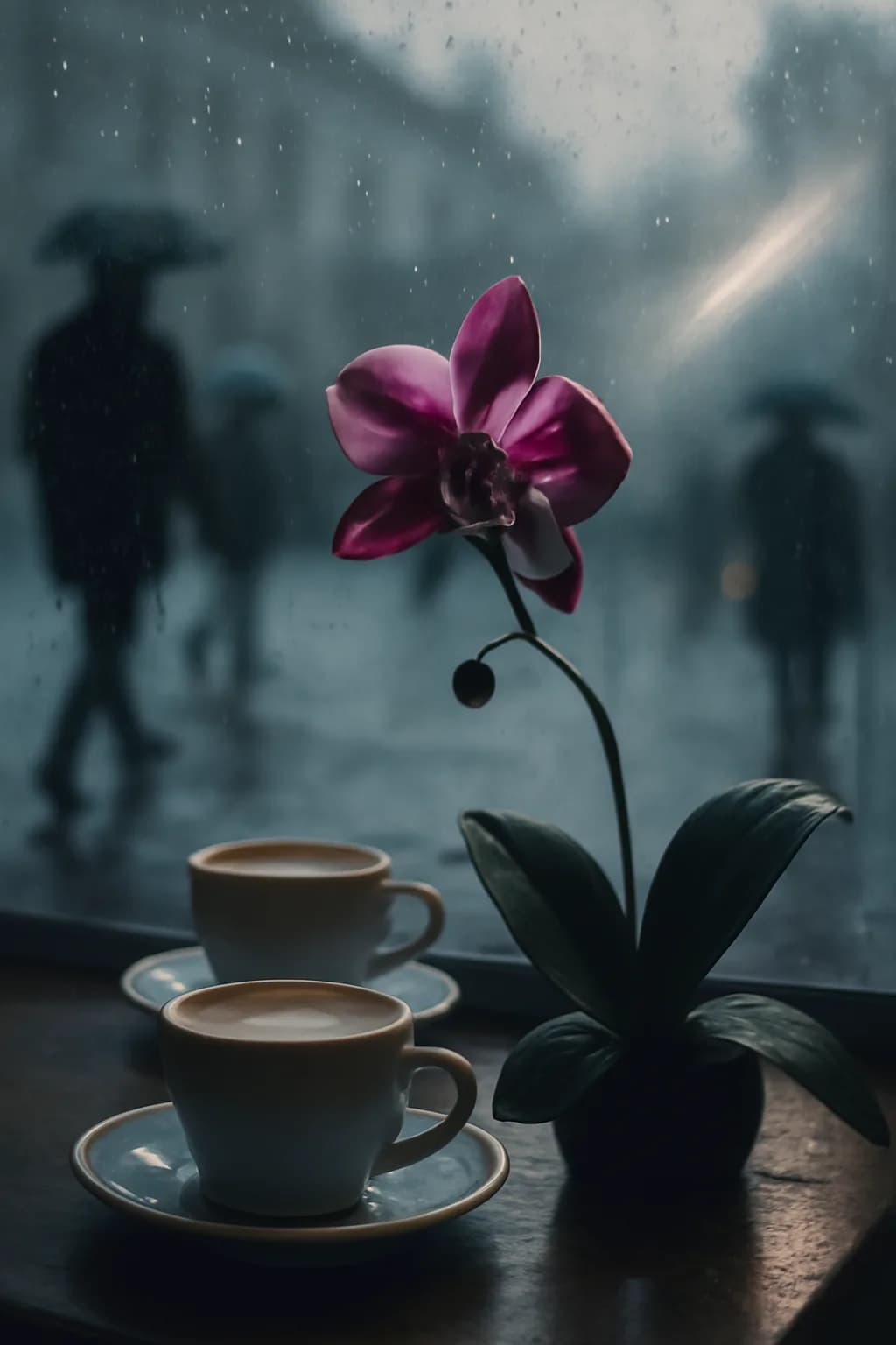 A realistic cafe window at morning rush with layered reflections, coffee cups, pedestrians, and soft street light. a normal place interrupted by one precise weather event