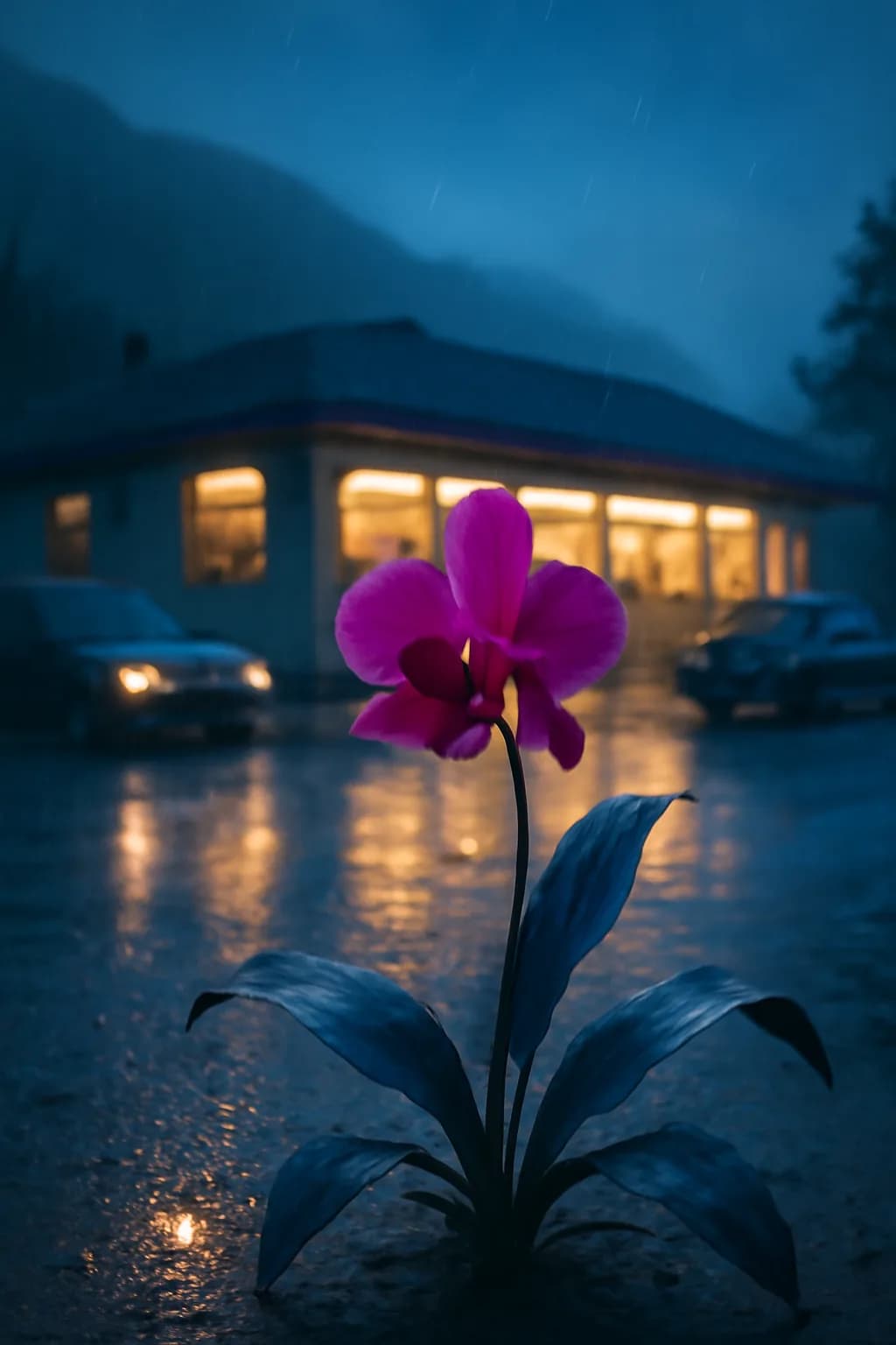 A realistic roadside mountain diner at blue hour with glowing windows, parked cars, mist, and quiet atmosphere. a normal place interrupted by one precise weather event