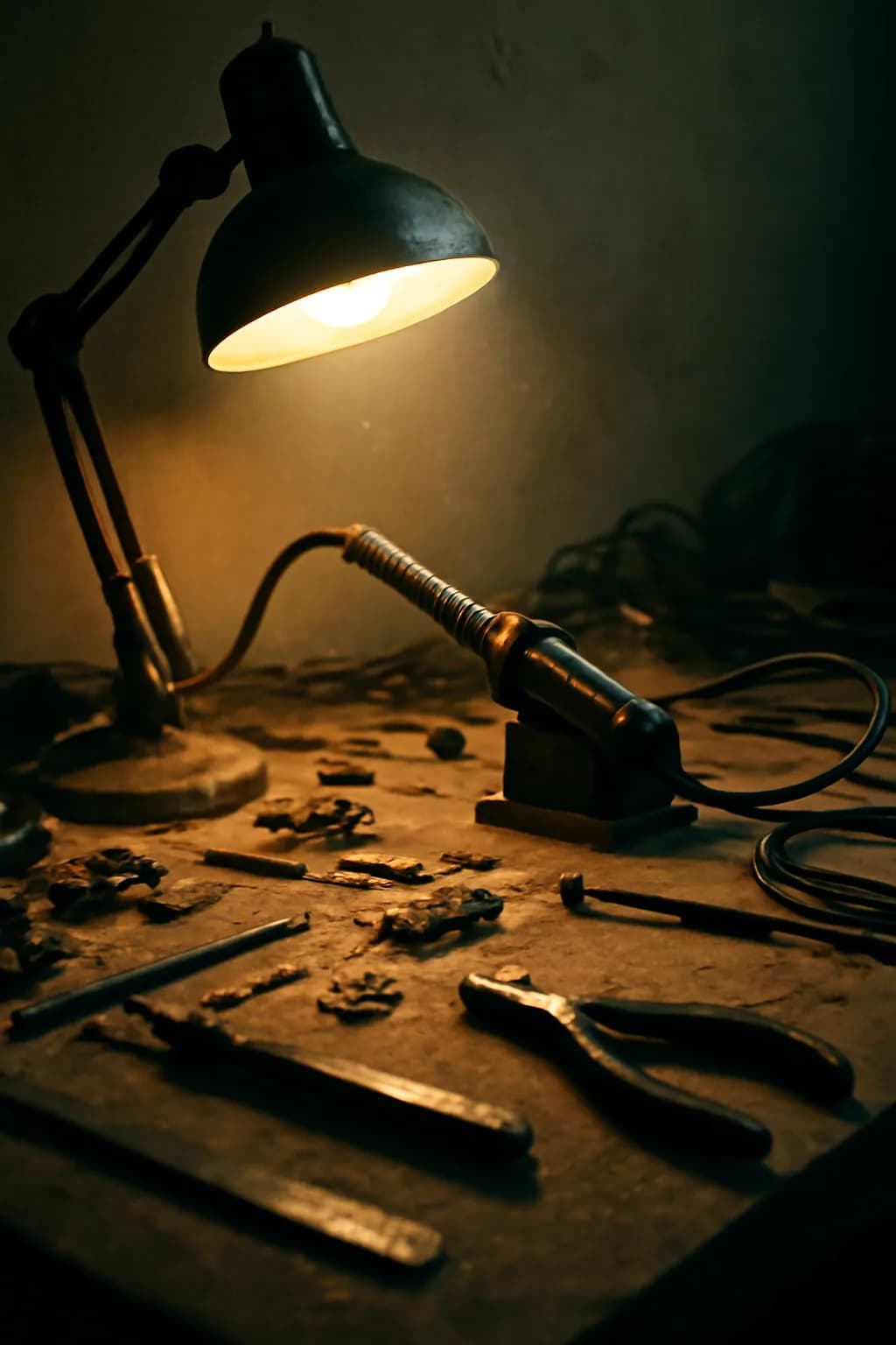 A realistic glass transit station in a desert at sunrise with warm light, long shadows, and a quiet futuristic mood. tight workspace scene with tools or components forming a visual rhythm