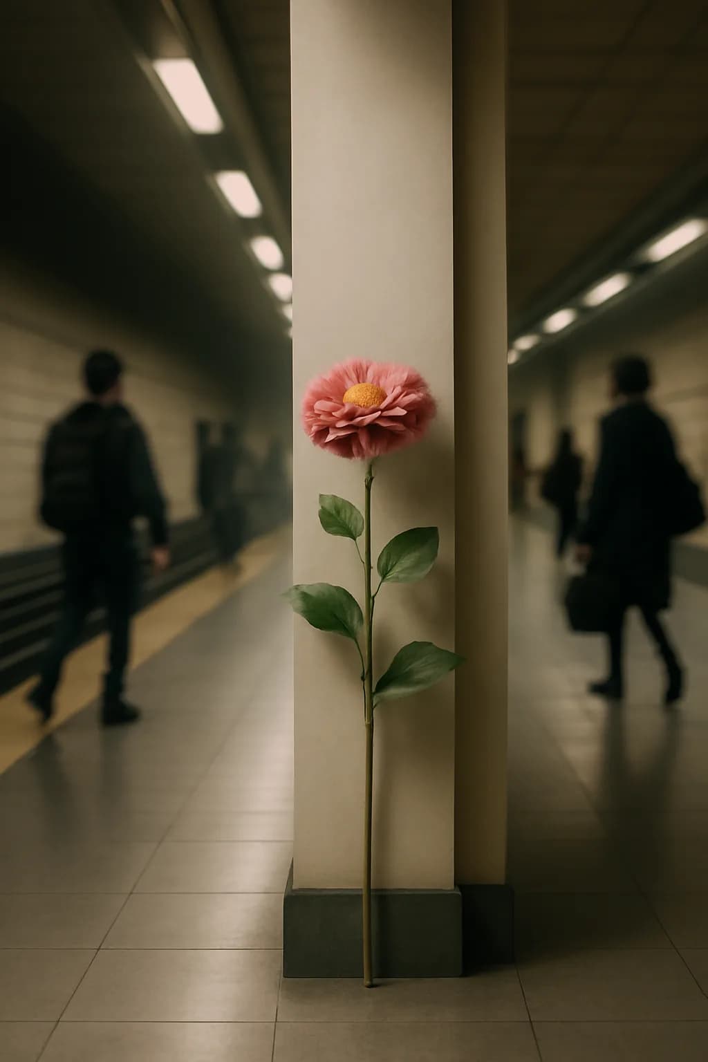 A realistic underground metro platform with a vivid flower installation, moody lighting, and cinematic depth. one impossible detail inside an otherwise believable everyday scene