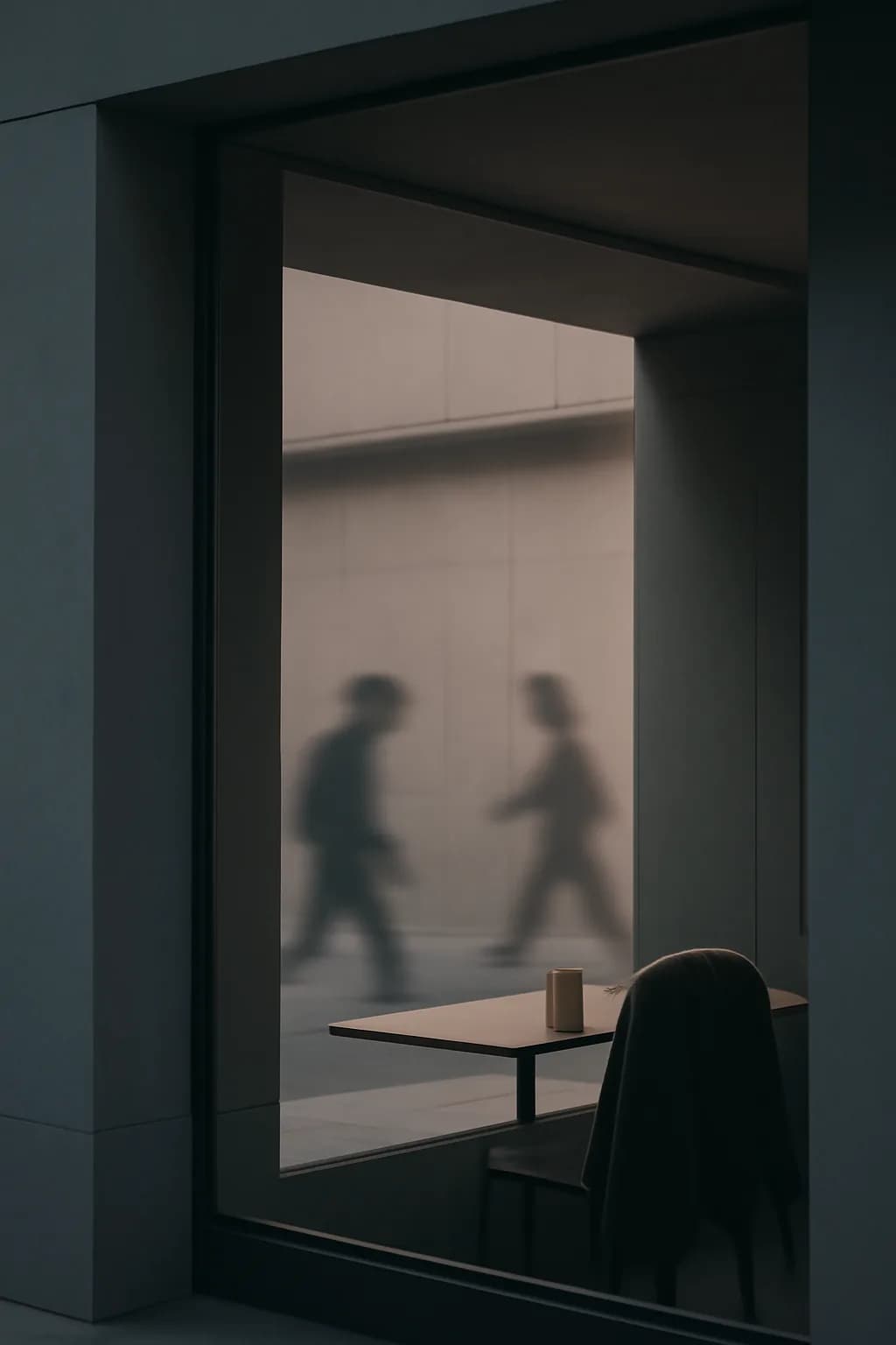 A realistic cafe window at morning rush with layered reflections, coffee cups, pedestrians, and soft street light. clean architectural geometry with one small emotional detail