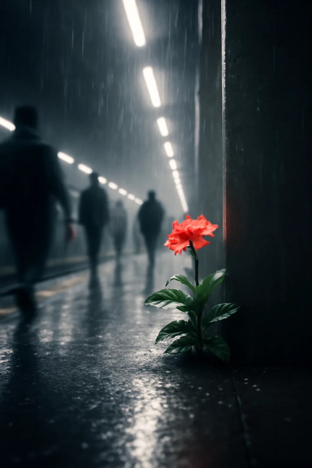 A realistic underground metro platform with a vivid flower installation, moody lighting, and cinematic depth. a normal place interrupted by one precise weather event