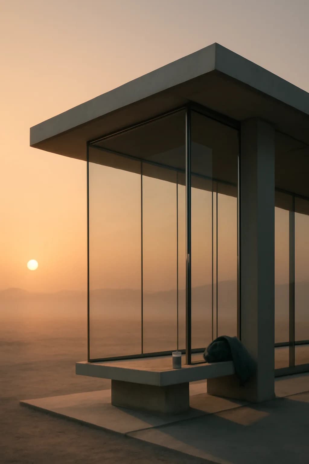 A realistic glass transit station in a desert at sunrise with warm light, long shadows, and a quiet futuristic mood. clean architectural geometry with one small emotional detail