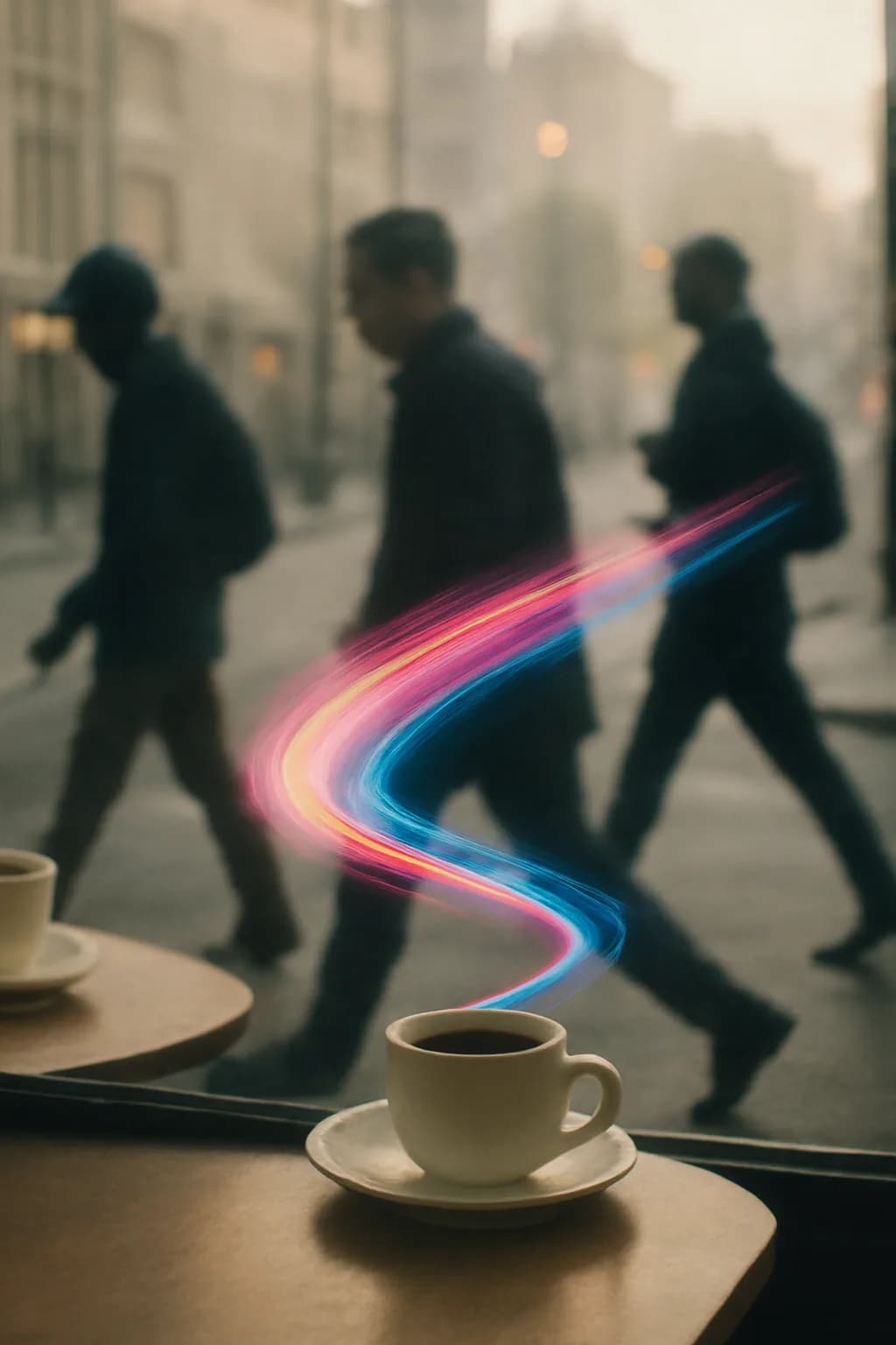 A realistic cafe window at morning rush with layered reflections, coffee cups, pedestrians, and soft street light. one impossible detail inside an otherwise believable everyday scene
