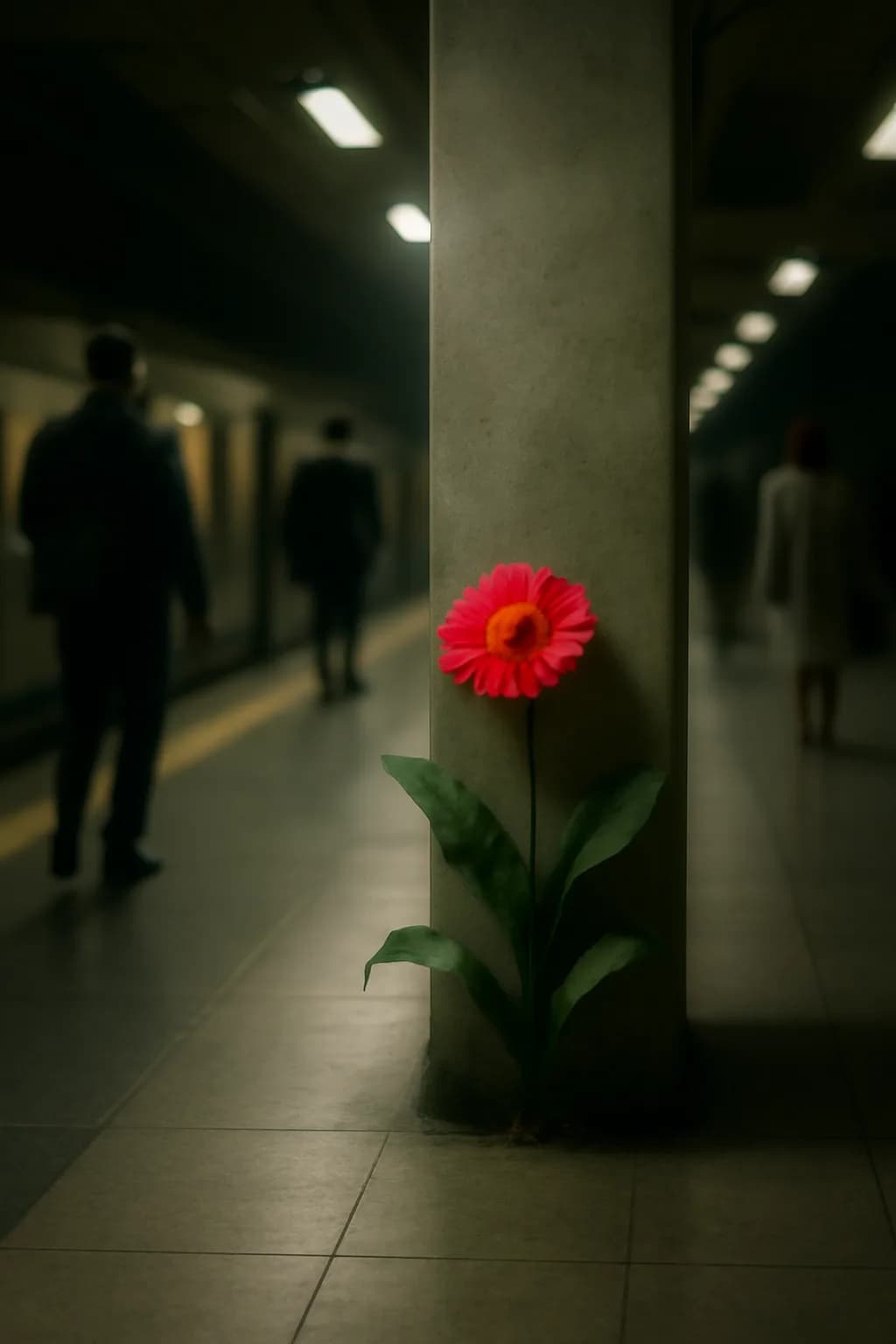 A realistic underground metro platform with a vivid flower installation, moody lighting, and cinematic depth. one impossible detail inside an otherwise believable everyday scene