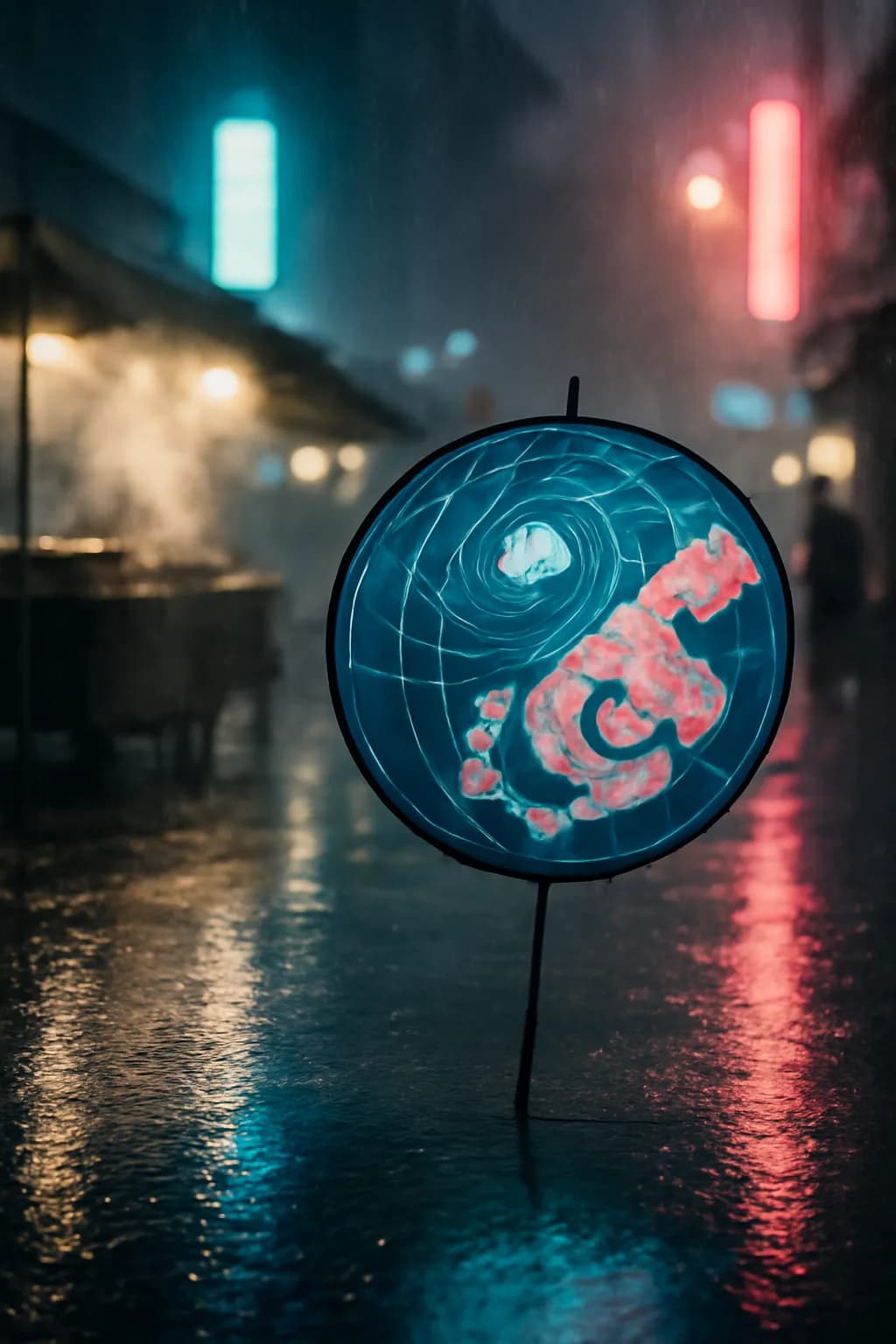 A photorealistic rainy night street market with neon reflections, wet pavement, and a cinematic city glow. a normal place interrupted by one precise weather event