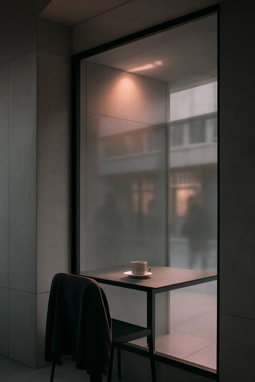 A realistic cafe window at morning rush with layered reflections, coffee cups, pedestrians, and soft street light. clean architectural geometry with one small emotional detail