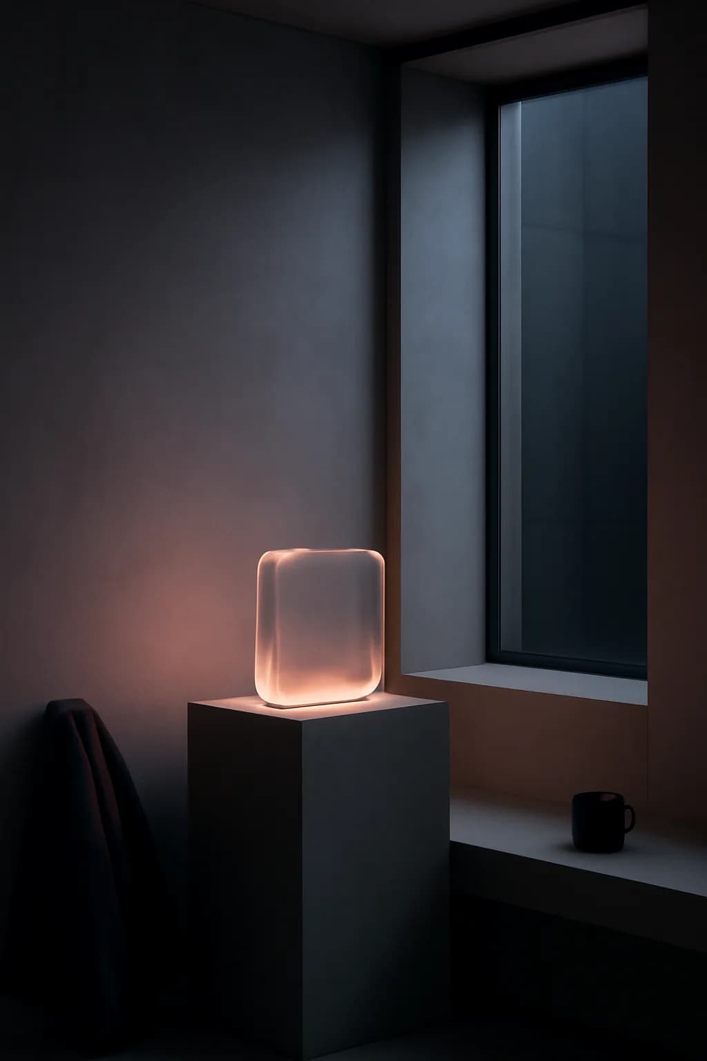 A realistic small workshop at night with warm lamps, precise tools, dust particles, and a cinematic handmade mood. clean architectural geometry with one small emotional detail