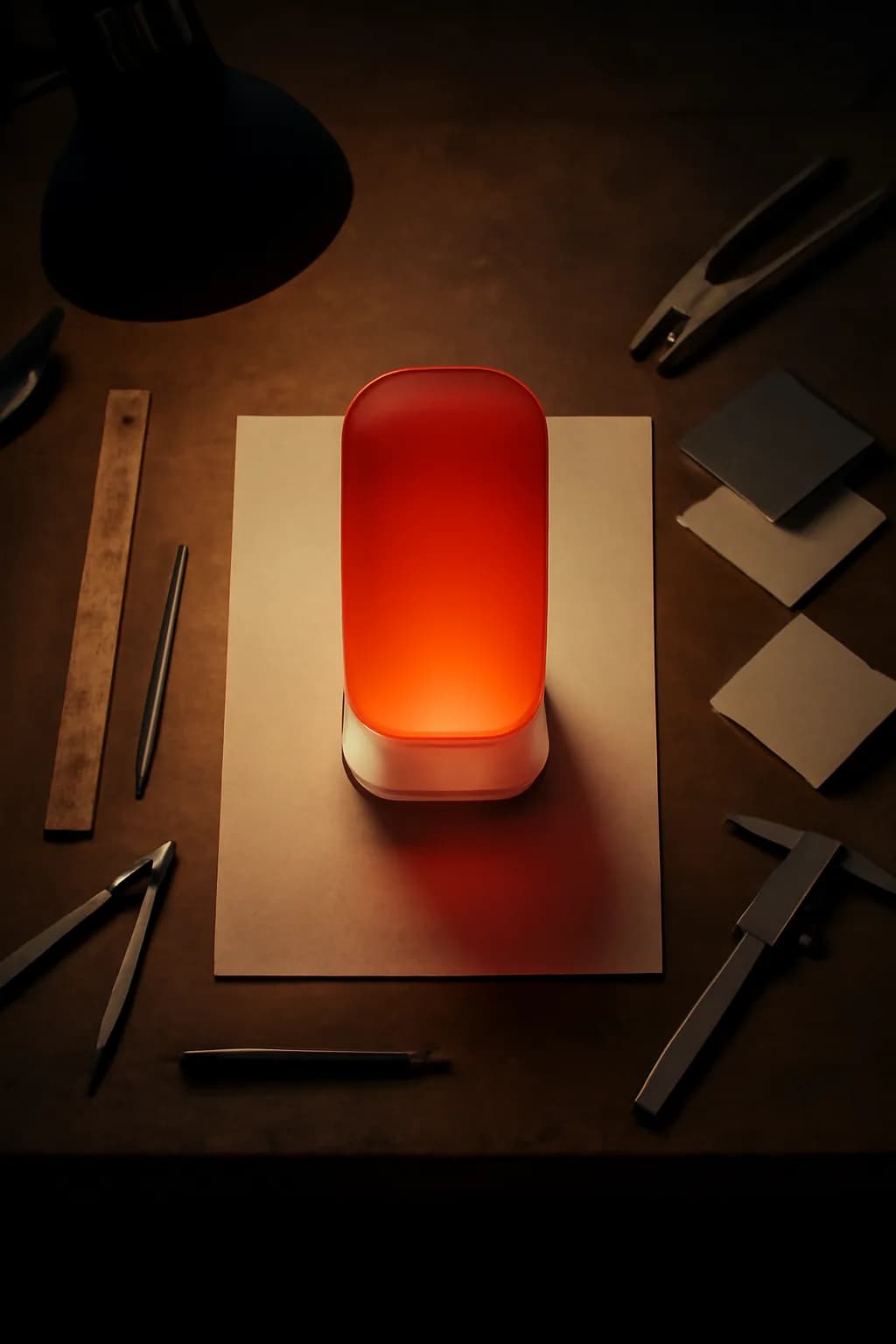 A realistic small workshop at night with warm lamps, precise tools, dust particles, and a cinematic handmade mood. top-down scene arranged like a ritual table, each item instantly readable