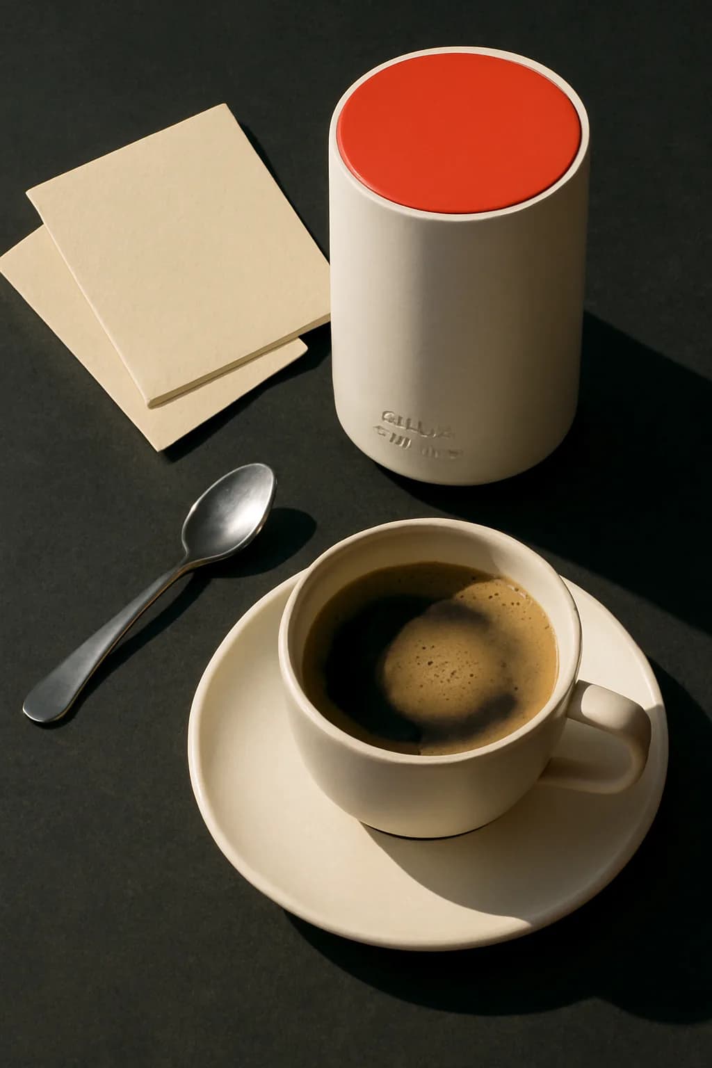 A realistic cafe window at morning rush with layered reflections, coffee cups, pedestrians, and soft street light. top-down scene arranged like a ritual table, each item instantly readable