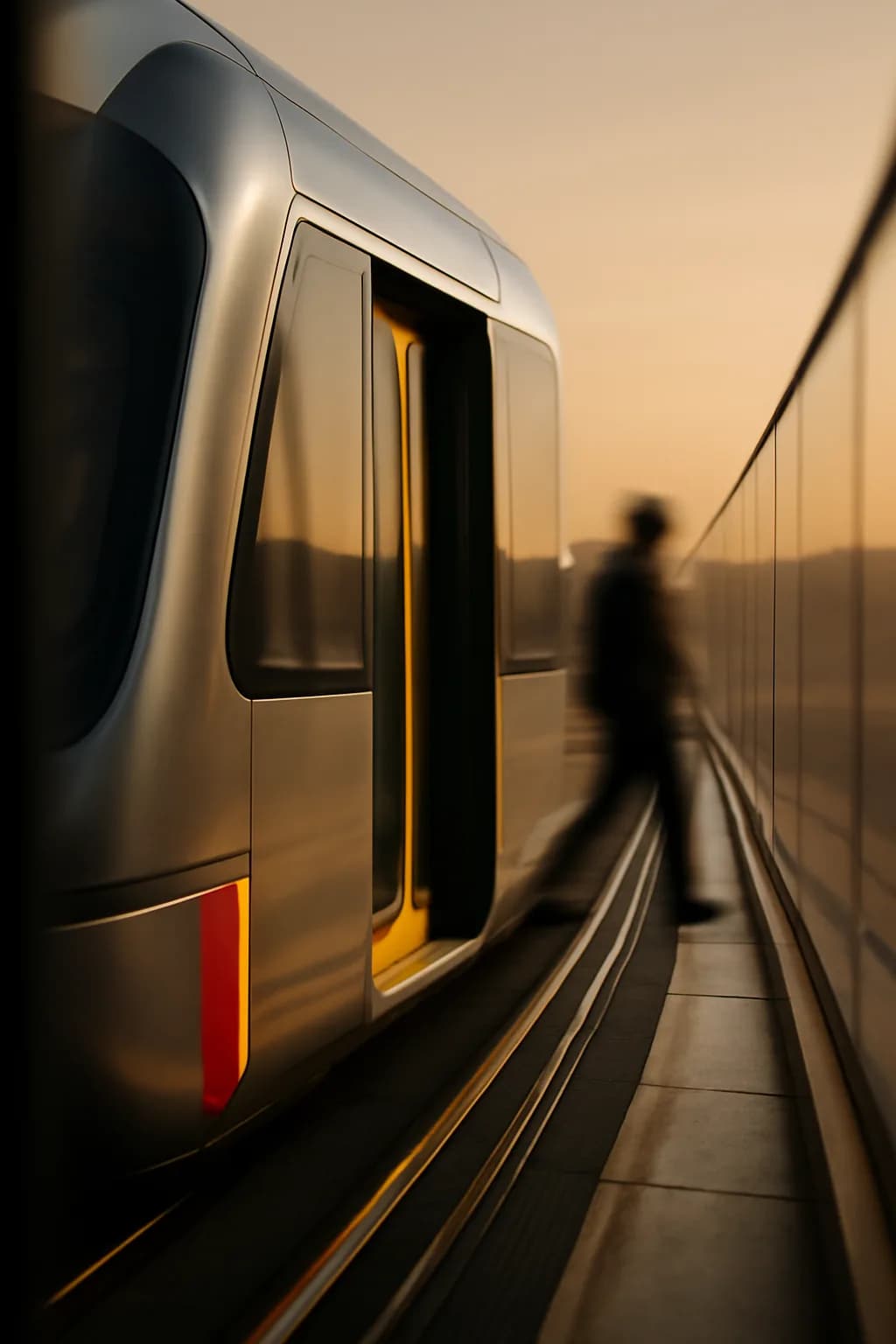 A realistic glass transit station in a desert at sunrise with warm light, long shadows, and a quiet futuristic mood. a fast transit-adjacent glimpse with strong leading lines