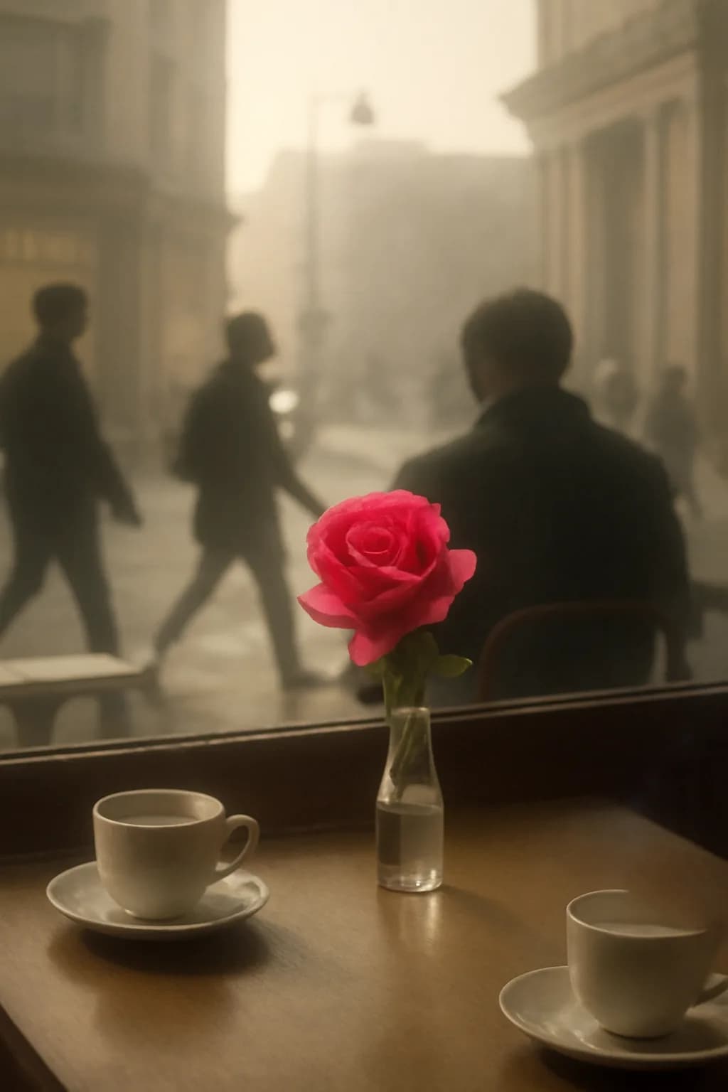 A realistic cafe window at morning rush with layered reflections, coffee cups, pedestrians, and soft street light. one impossible detail inside an otherwise believable everyday scene
