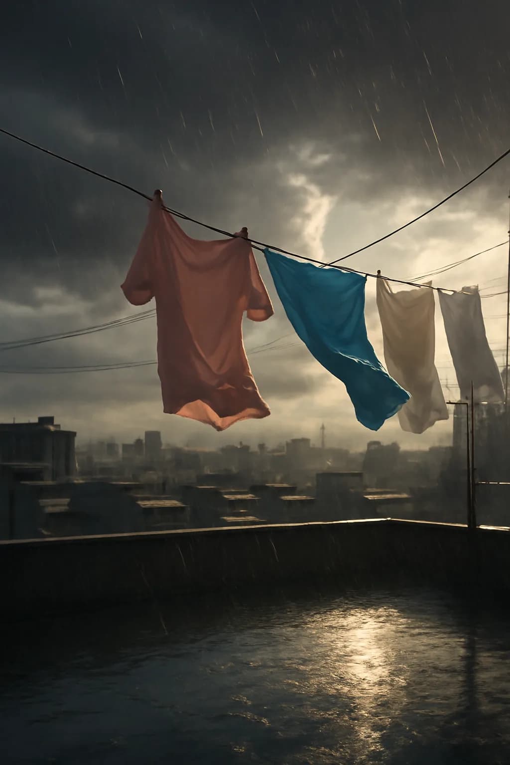 A realistic rooftop laundry line above a dense city, with dramatic clouds, soft wind, and glowing late afternoon light. a normal place interrupted by one precise weather event